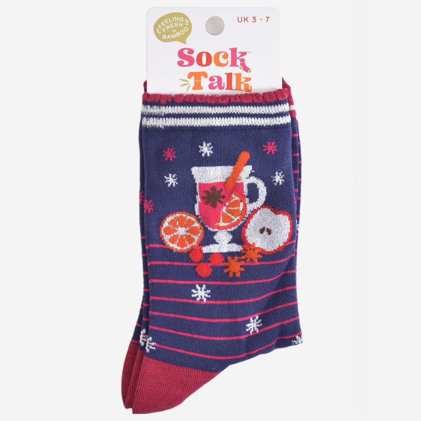 mulled wine bamboo socks in their sock talk packaging, these socks are a uk size 3-7