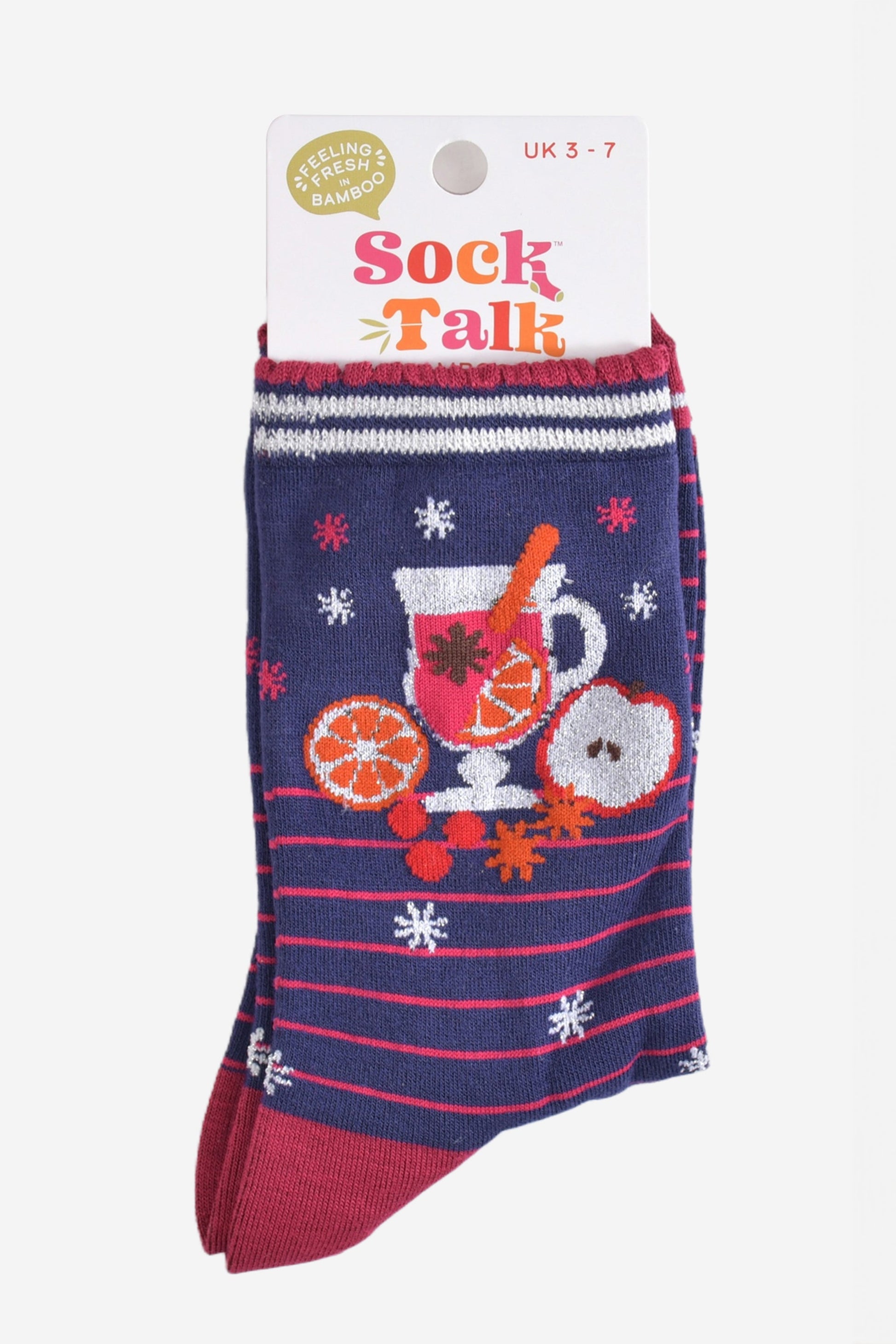 mulled wine bamboo socks in their sock talk packaging, these socks are a uk size 3-7