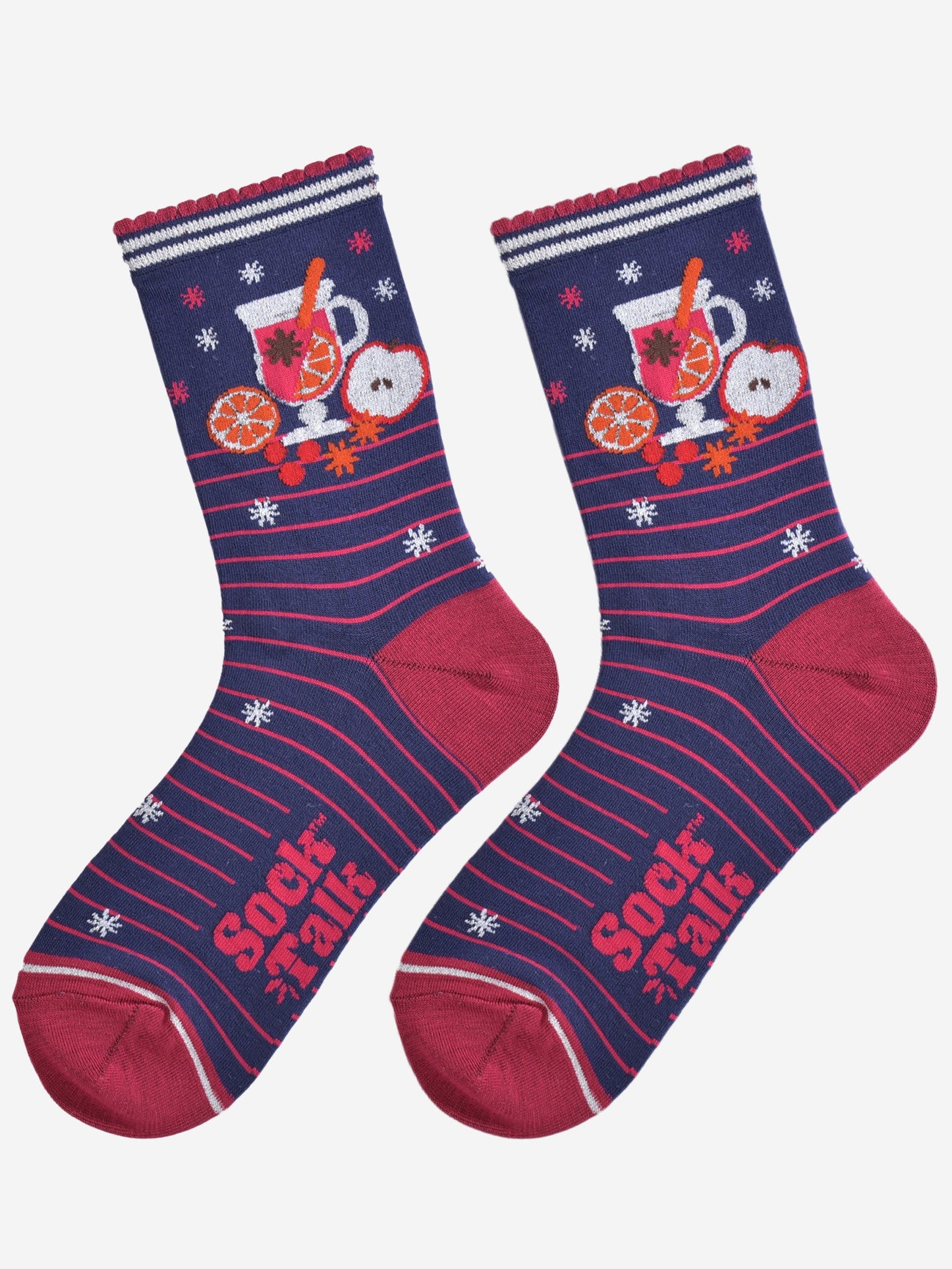 showing the mulled wine socks laying flat, they have a pink striped pattern, silver starbursts and a large mulled wine design on the ankles