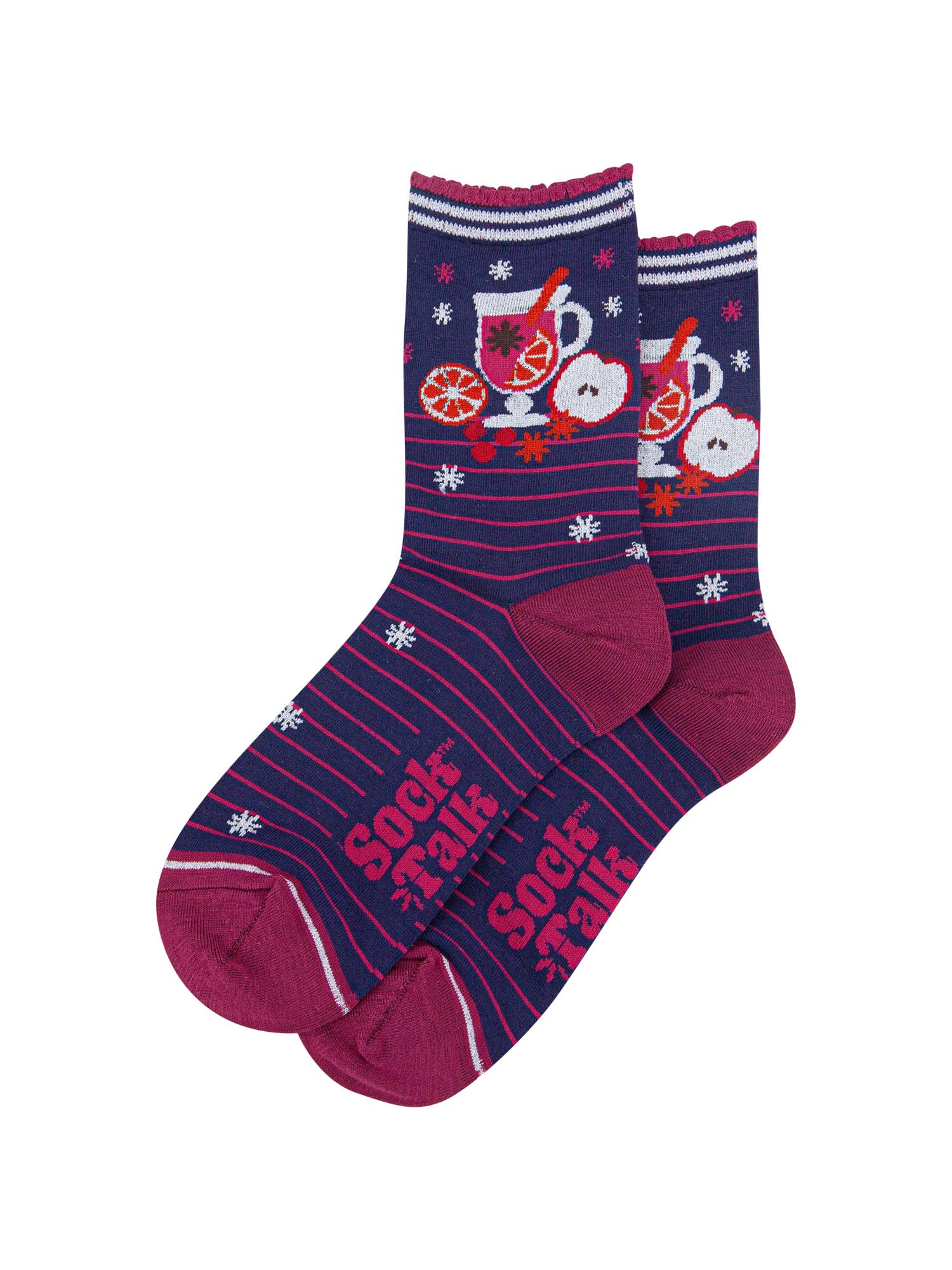 showing the mulled wine socks laying flat, they have a pink striped pattern, silver starbursts and a large mulled wine design on the ankles