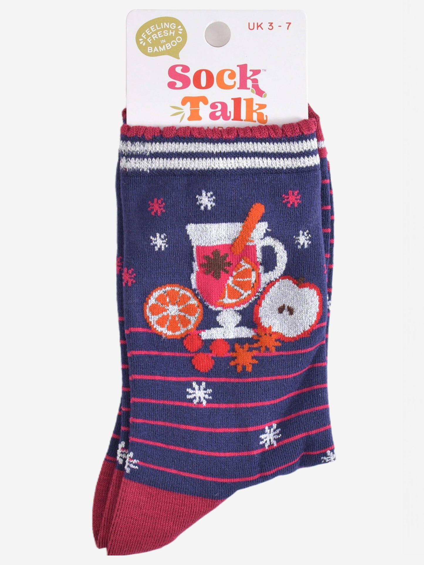 mulled wine bamboo socks in their sock talk packaging, these socks are a uk size 3-7