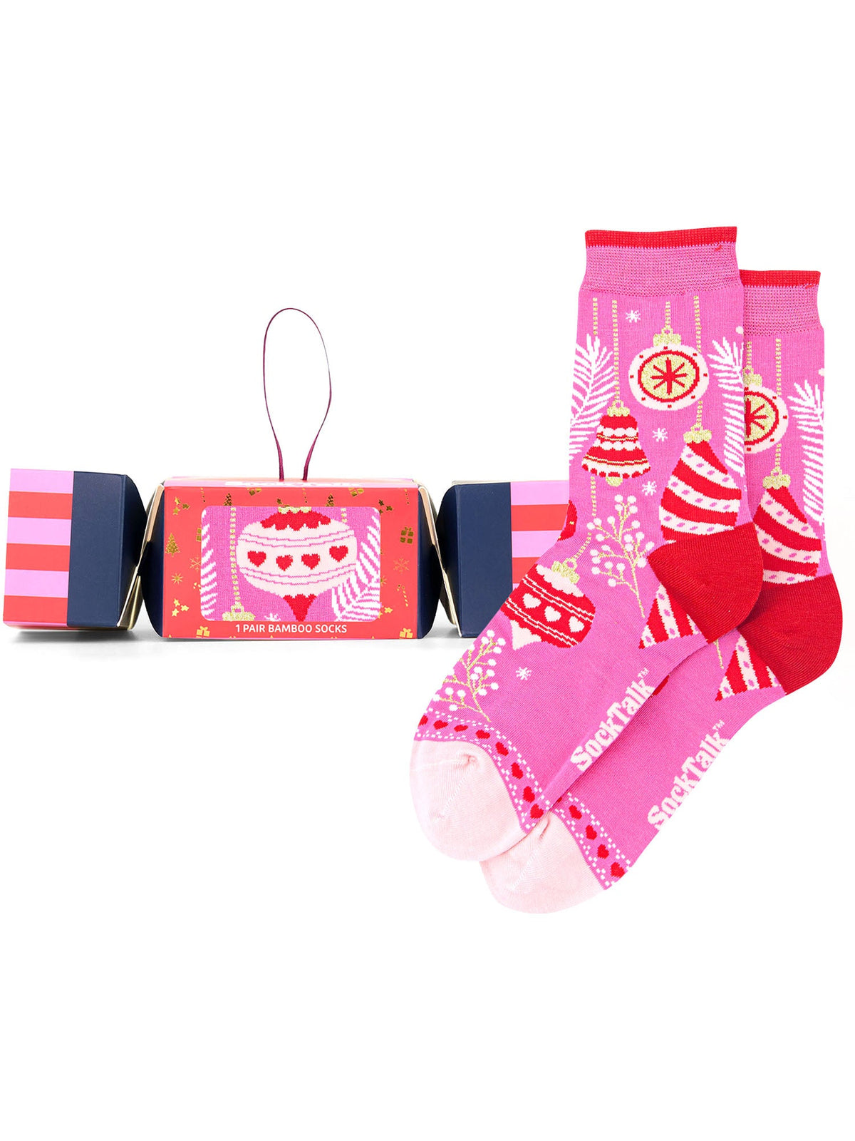 Christmas-Baubles-Bamboo-Crew-Socks-Christmas-Cracker-Gift-Box-in-Pink