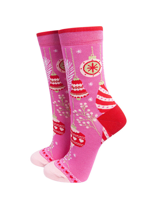 Christmas-Baubles-Women's-Bamboo-Socks-in-Hot-Pink-On-Mannequin