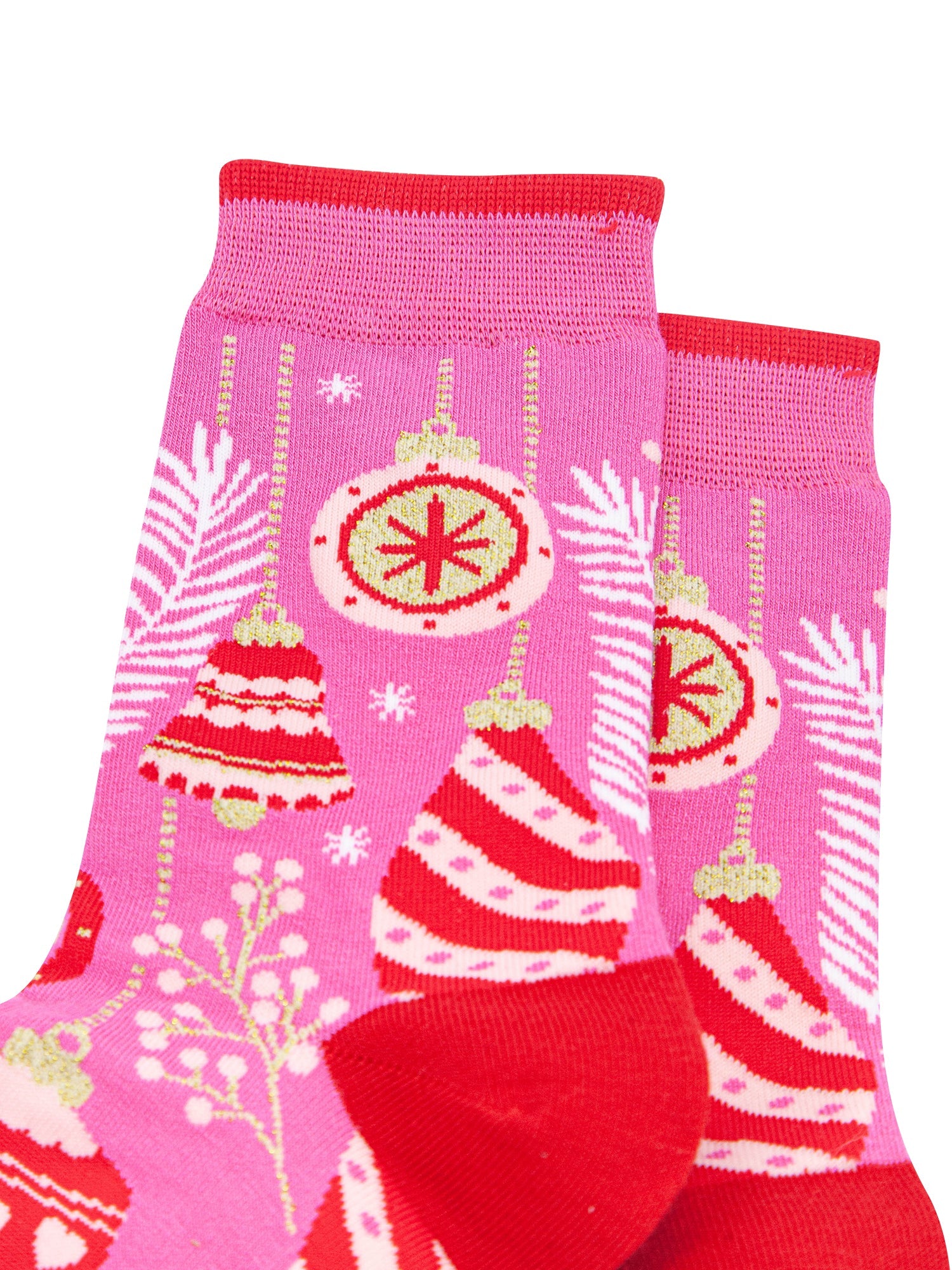 Christmas-Baubles-Women's-Bamboo-Socks-in-Hot-Pink-Close-Up