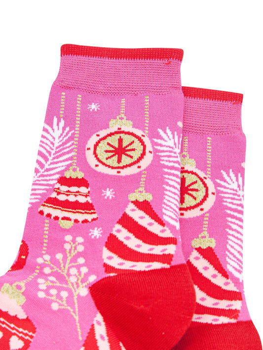 Christmas-Baubles-Women's-Bamboo-Socks-in-Hot-Pink-Close-Up