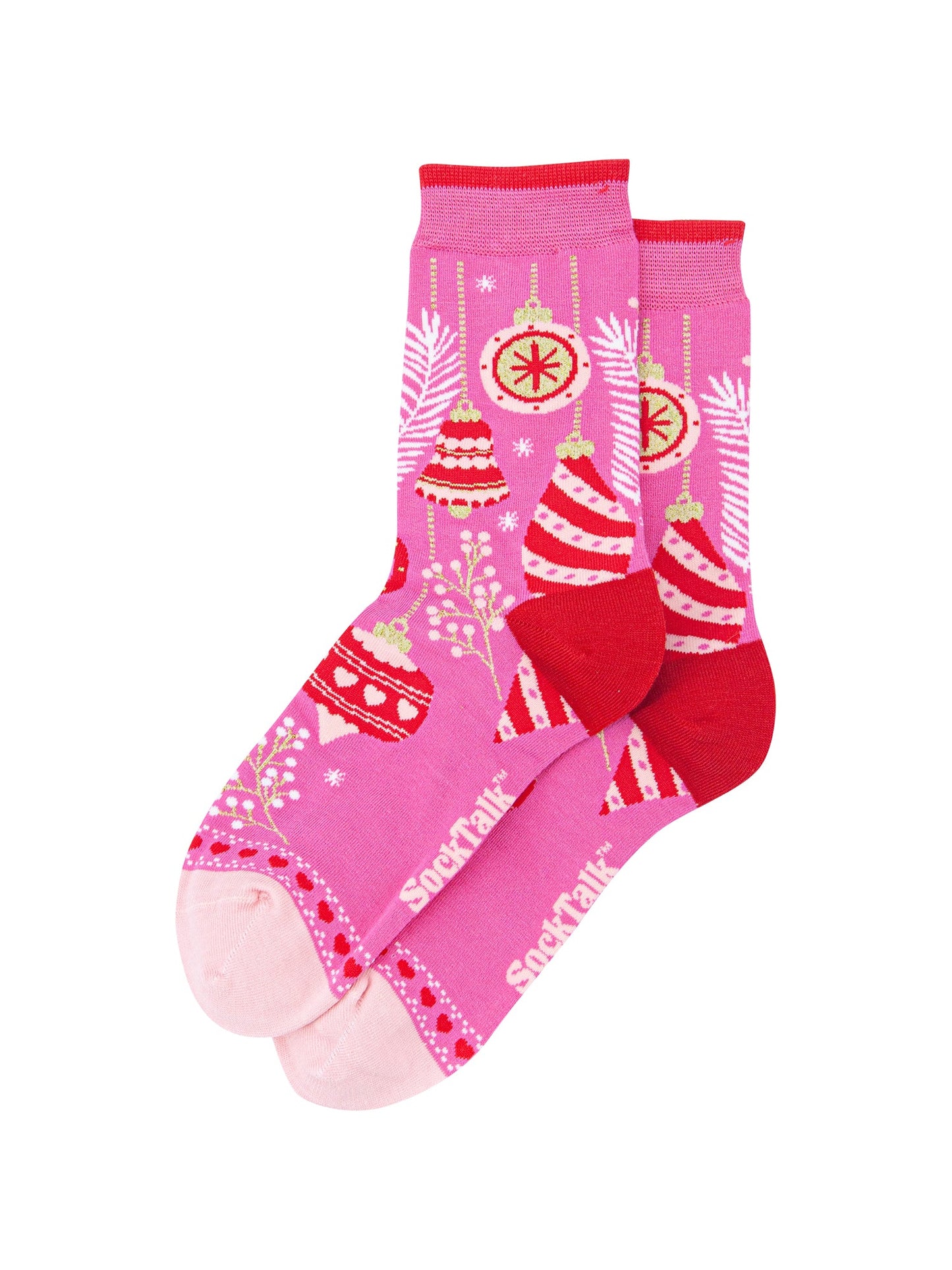 Christmas-Baubles-Women's-Bamboo-Socks-in-Hot-Pink-Laid-Flat