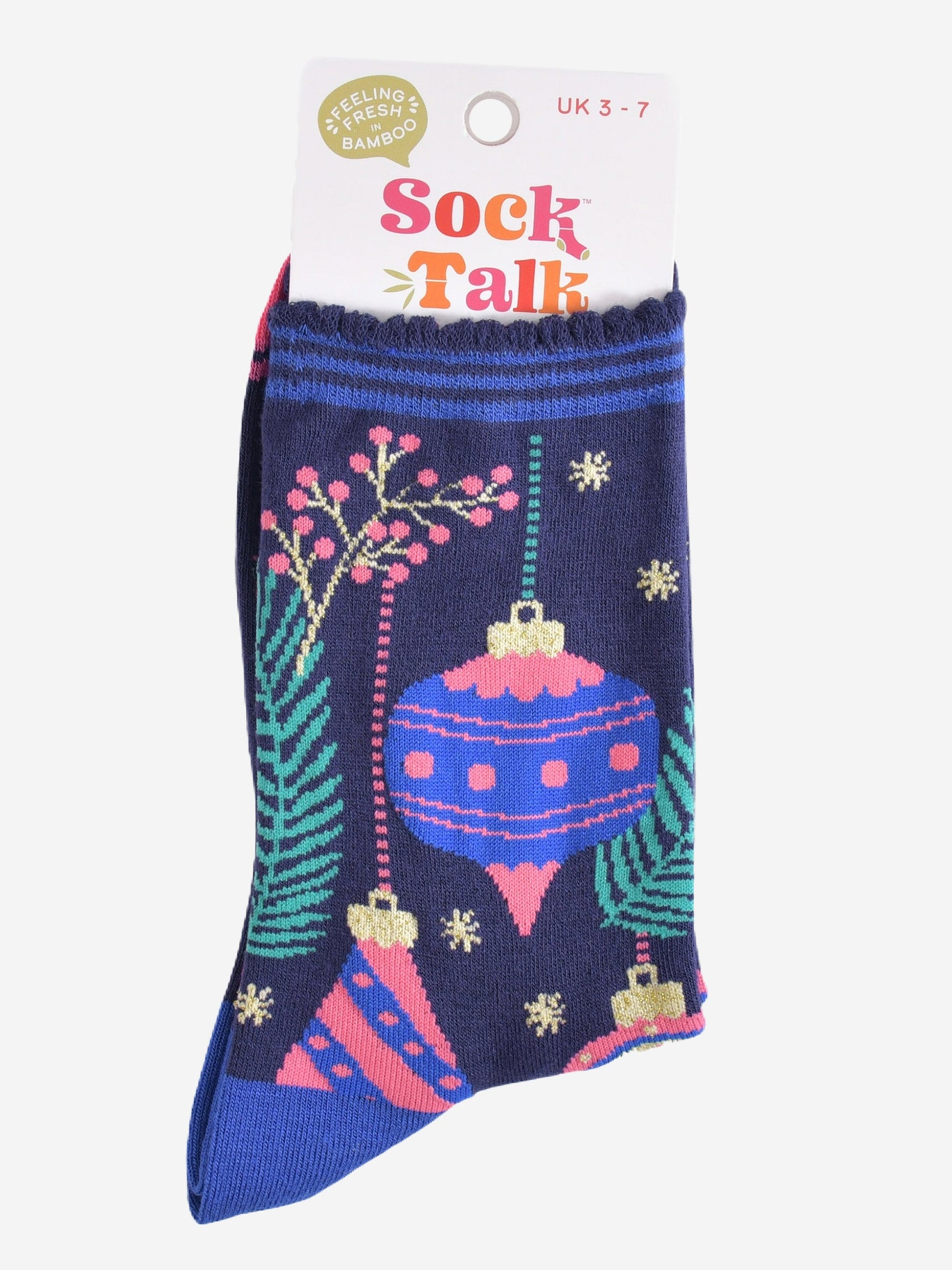christmas baubles bamboo socks in their sock talk packaging, these socks are a uk size 3-7