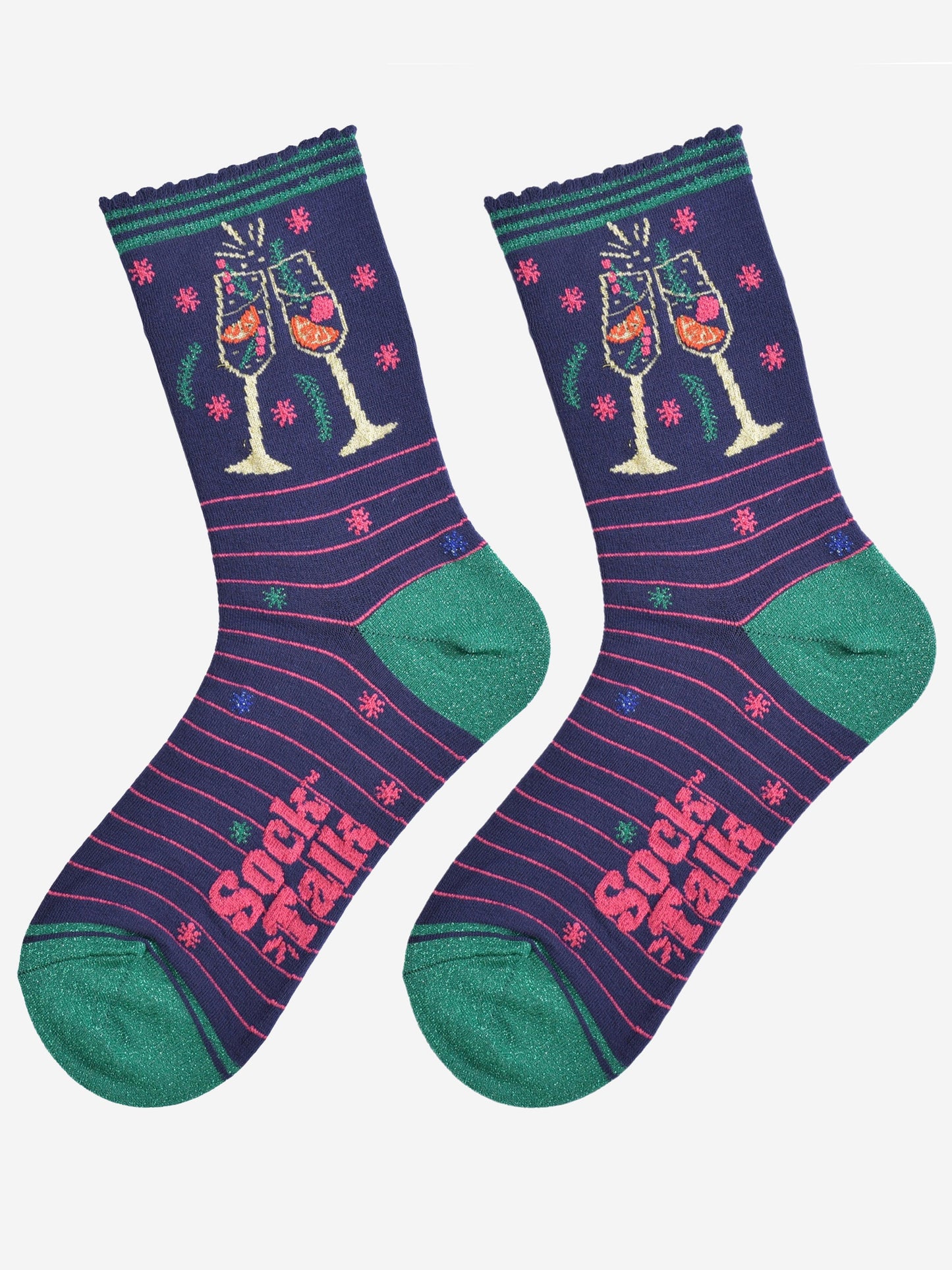 showing the prosecco cocktail socks laying flat, there are sparkly accents all over the design, the toe and heel are green and there is a pink pink stripe throughout the design, the cocktail glasses are shown on the ankle