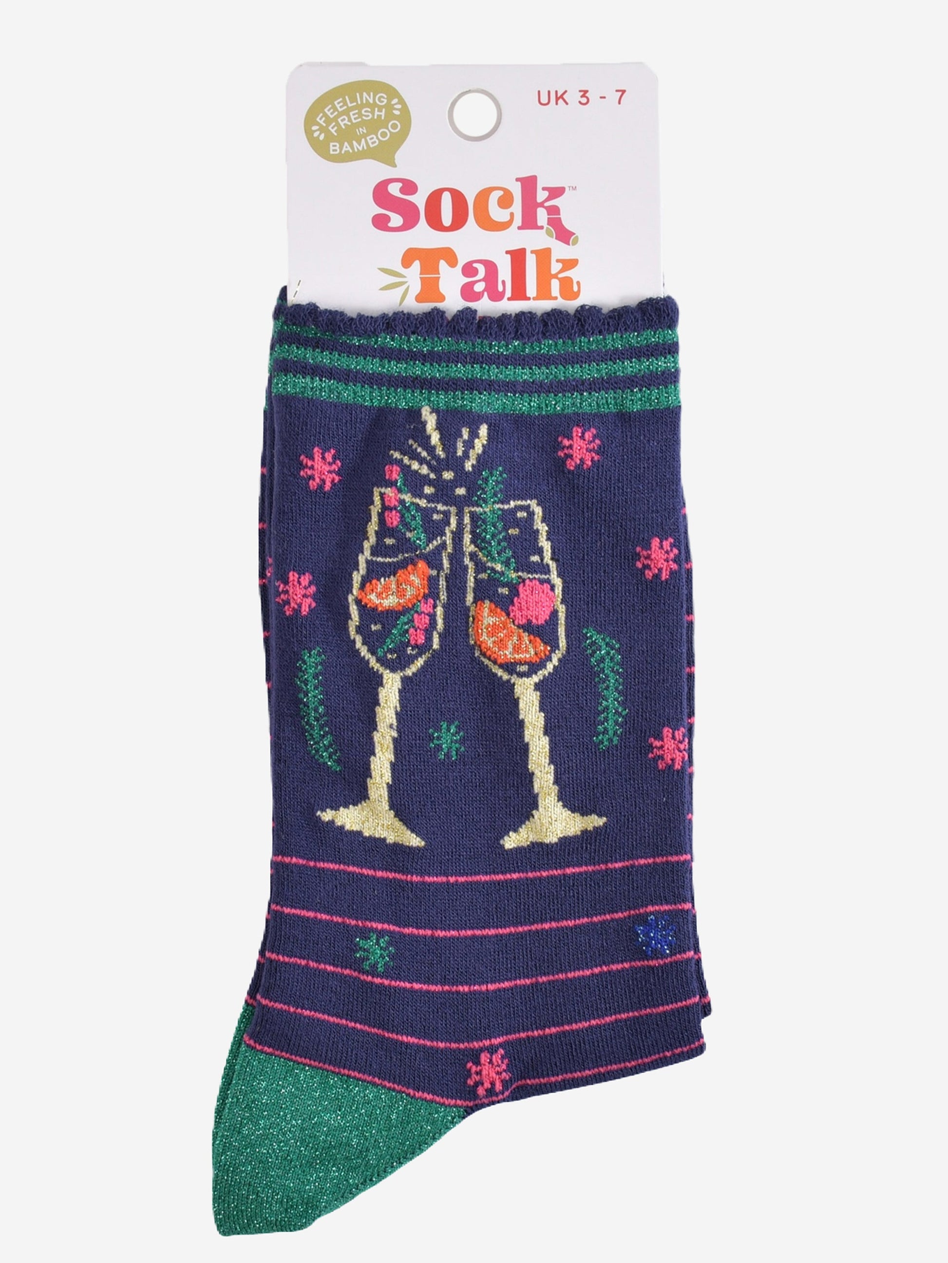 prosecco cocktail bamboo socks in their sock talk packaging, these socks are a uk size 3-7