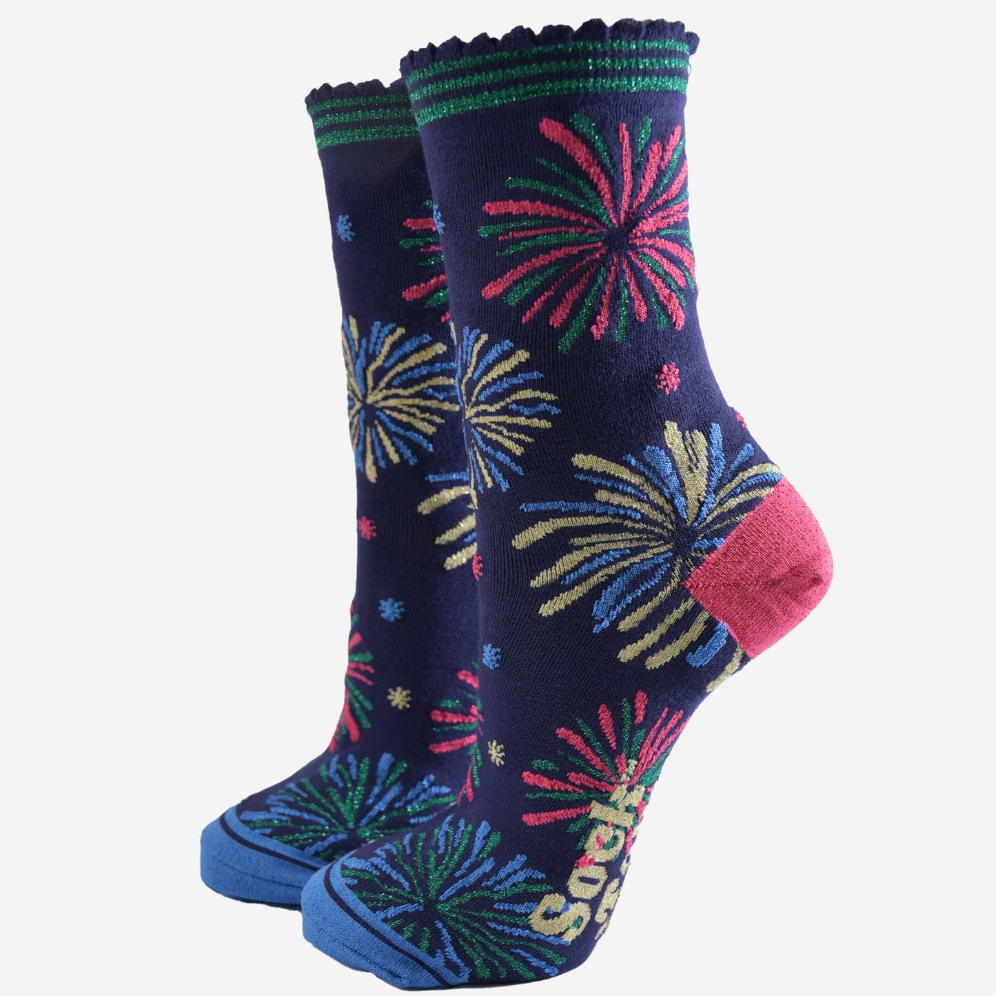 navy blue socks with a mutlicoloured fireworks display design