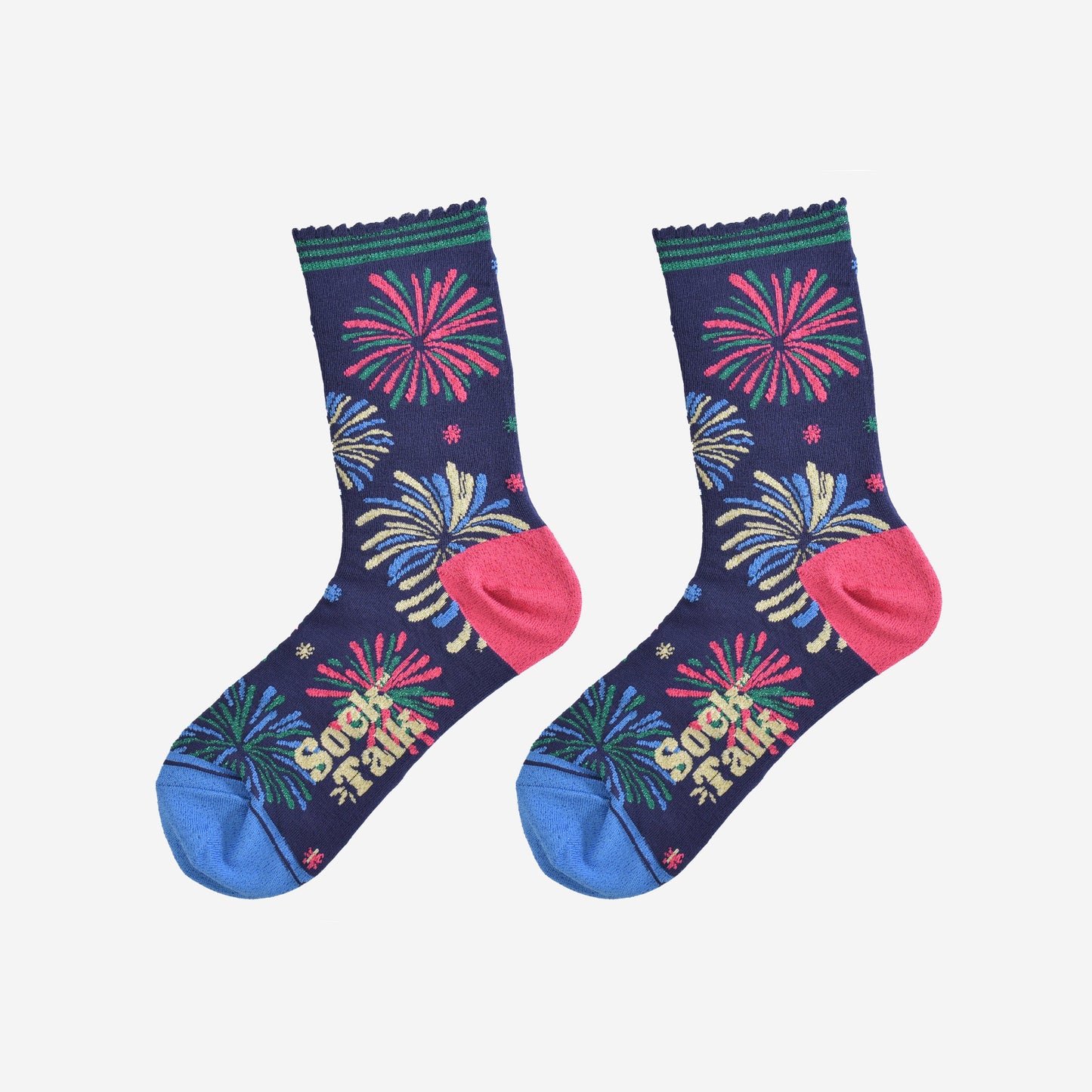 showing the firework ankle socks laying flat, the multicoloured fire work display design is all over the  socks in the colours blue, gold, green and pink