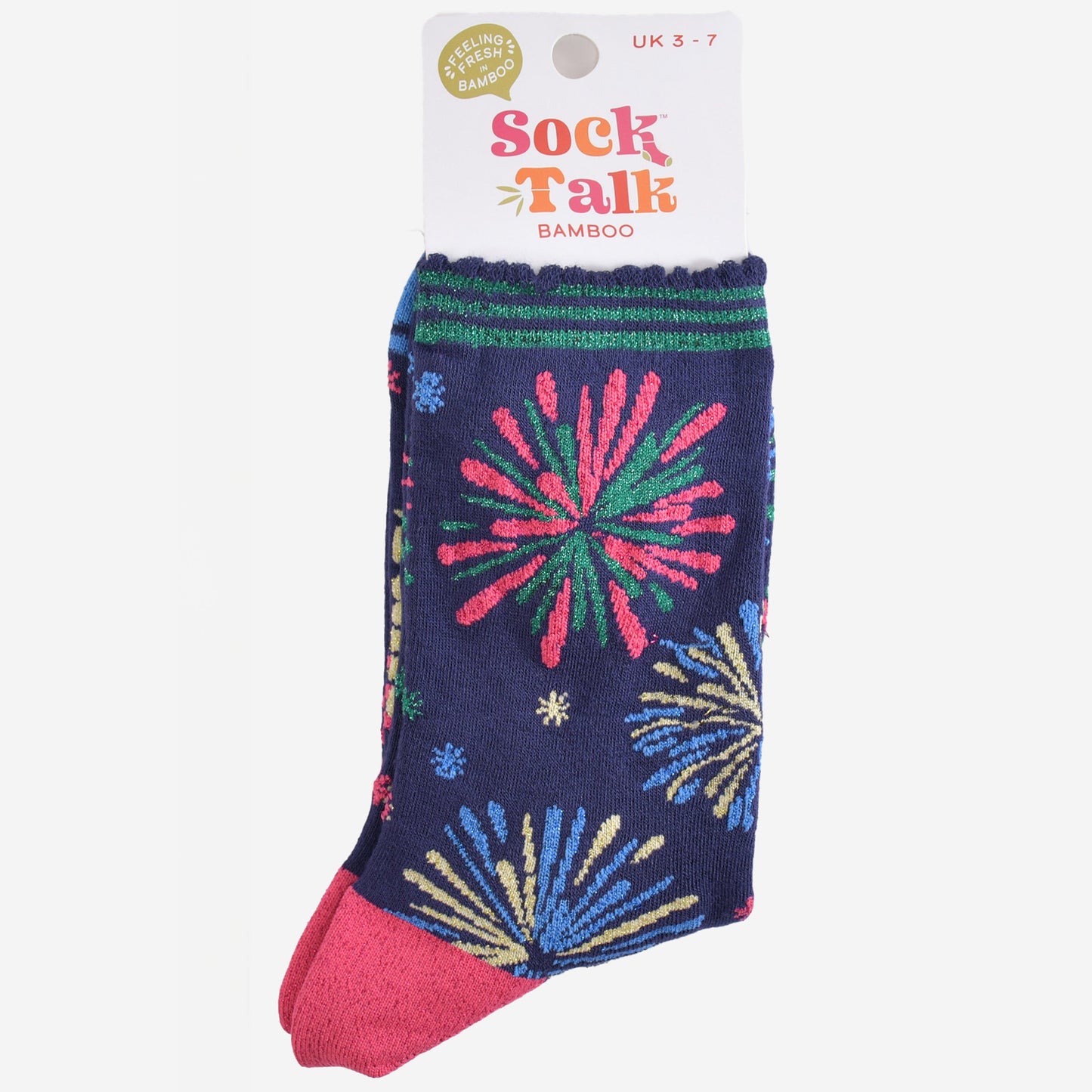 fireworks display bamboo socks in their sock talk packaging, these socks are a uk size 3-7