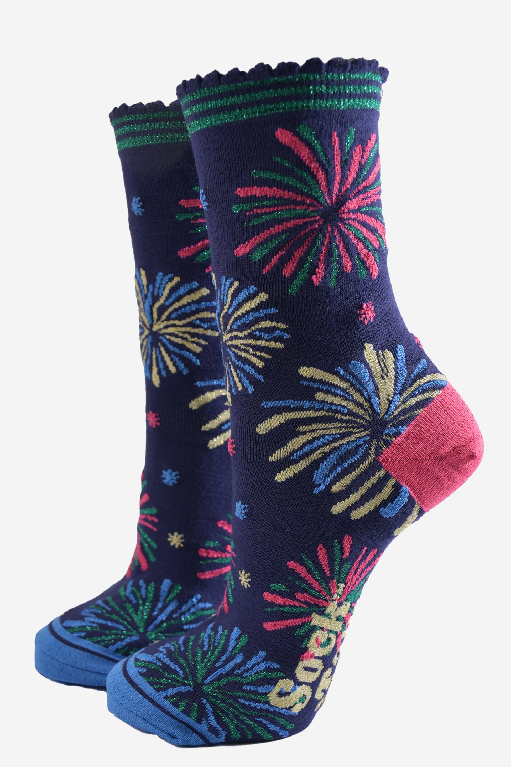 navy blue socks with a mutlicoloured fireworks display design