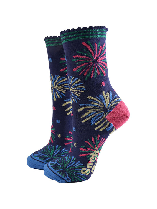 navy blue socks with a mutlicoloured fireworks display design