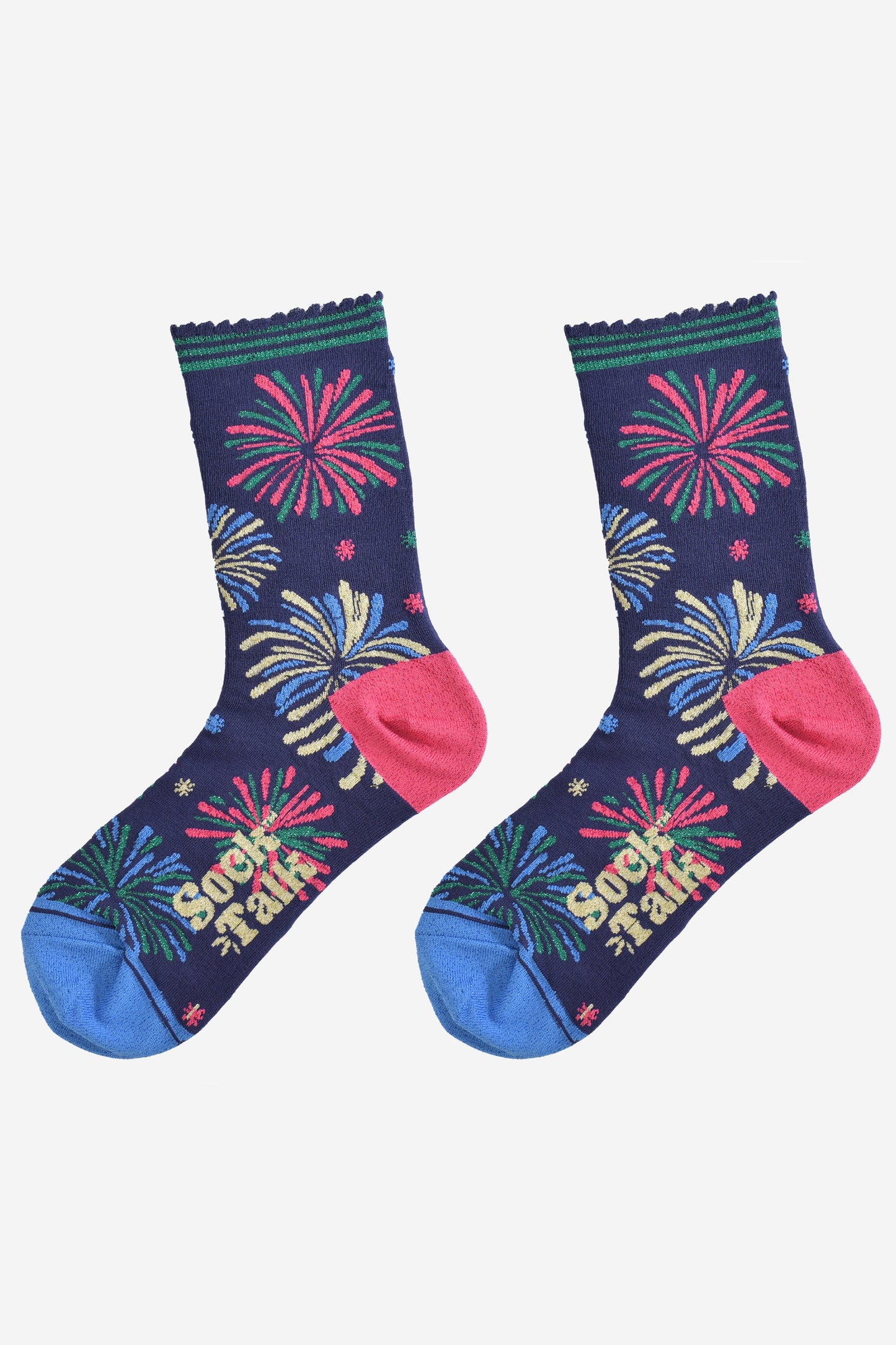 showing the firework ankle socks laying flat, the multicoloured fire work display design is all over the  socks in the colours blue, gold, green and pink