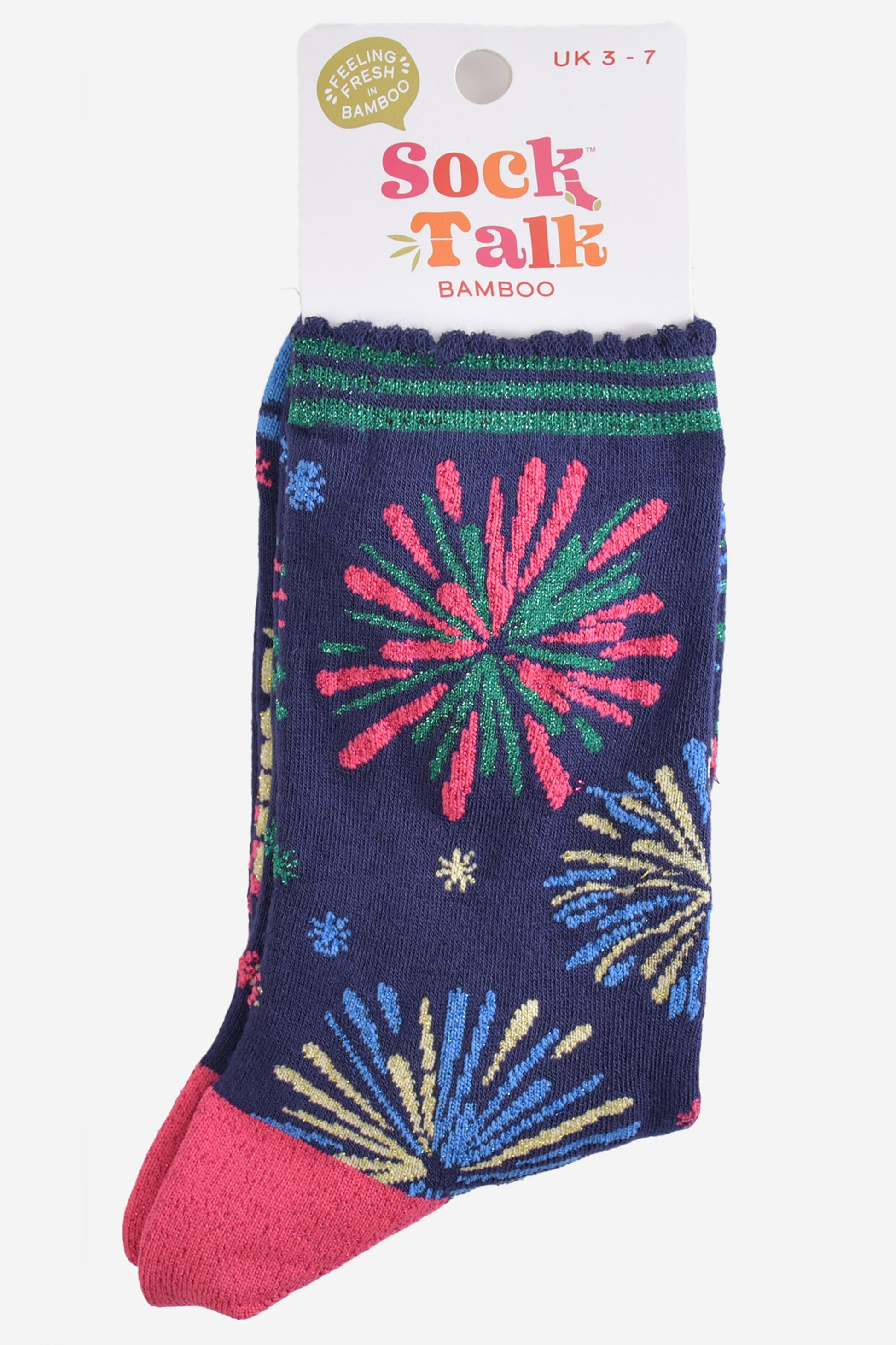 fireworks display bamboo socks in their sock talk packaging, these socks are a uk size 3-7