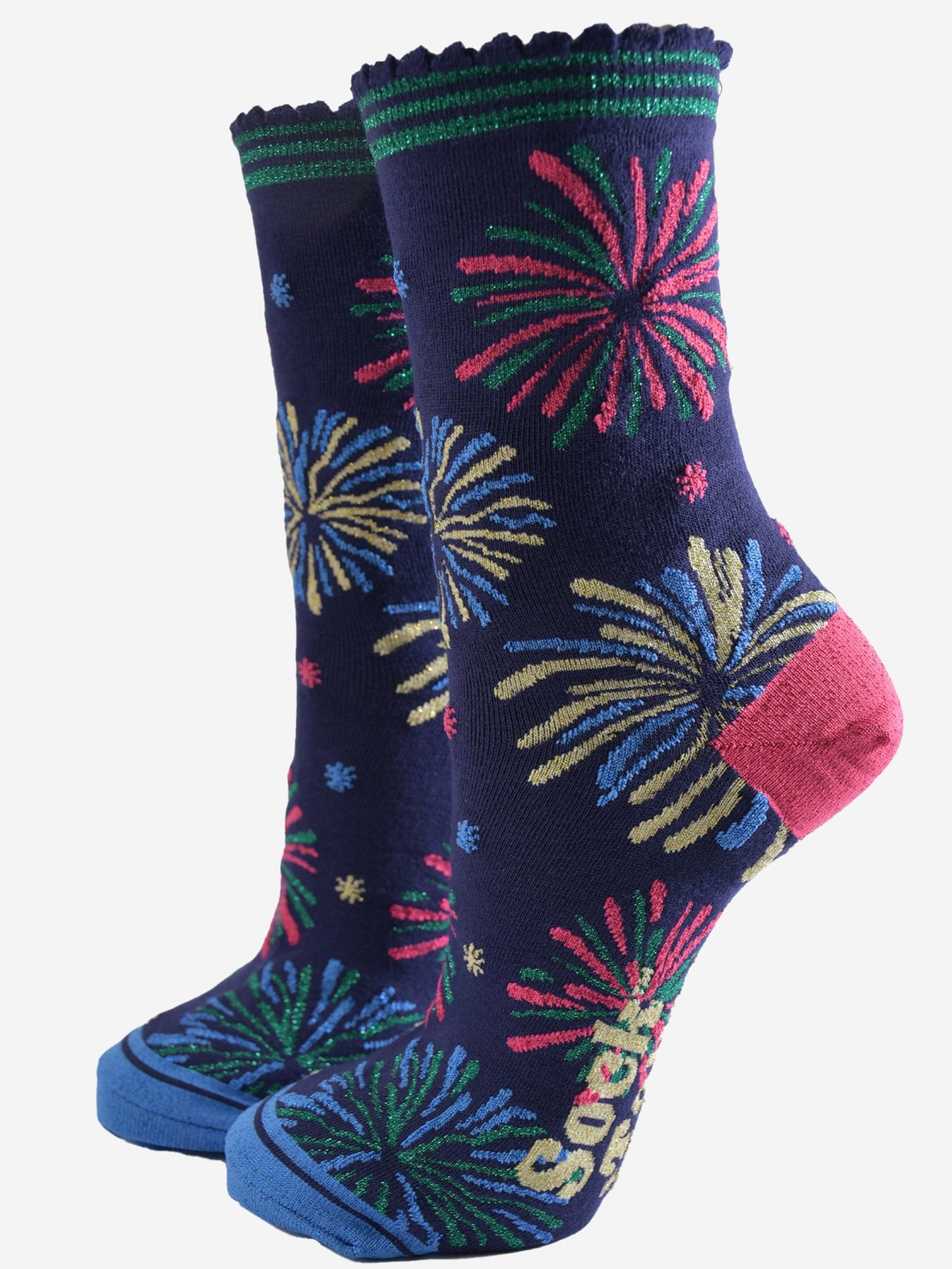 navy blue socks with a mutlicoloured fireworks display design