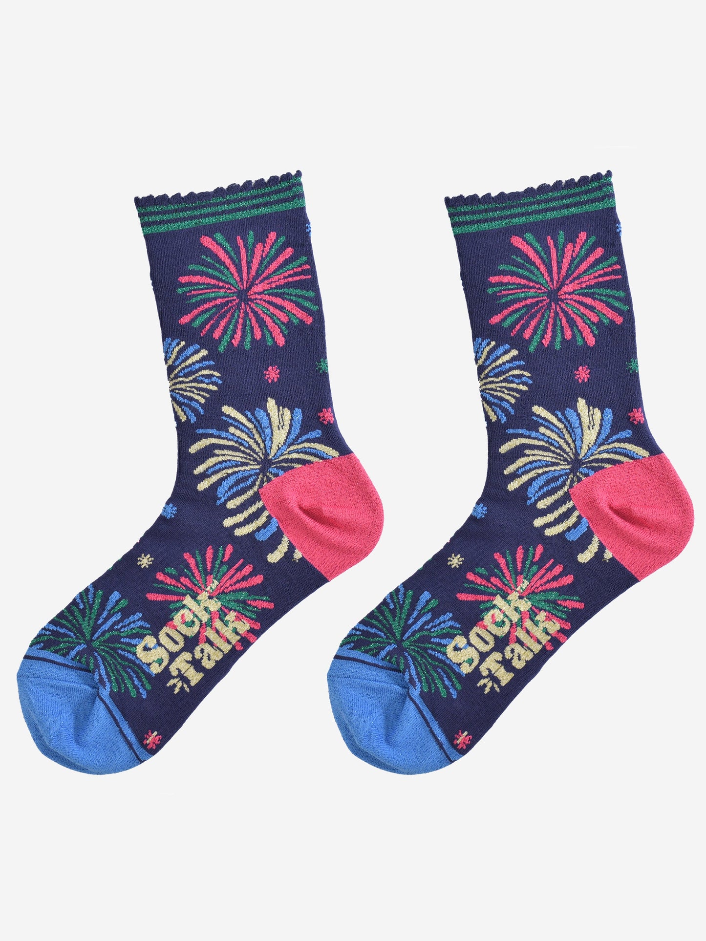 showing the firework ankle socks laying flat, the multicoloured fire work display design is all over the  socks in the colours blue, gold, green and pink