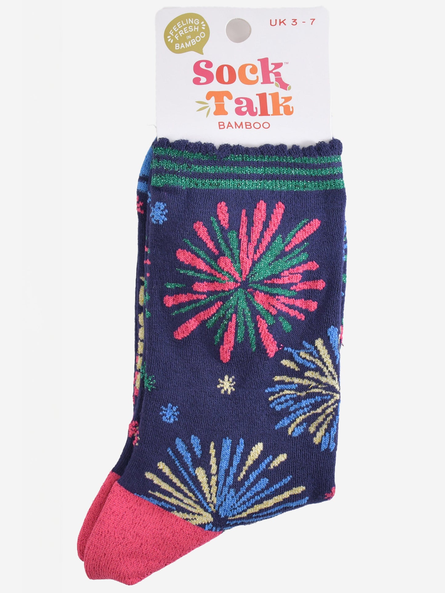 fireworks display bamboo socks in their sock talk packaging, these socks are a uk size 3-7