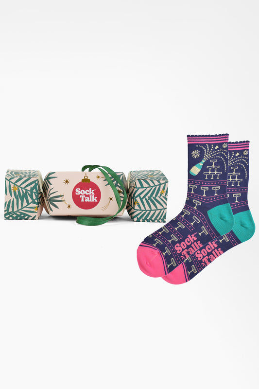 Women's Bamboo Ankle Socks Christmas Cracker Gift Box - Navy Blue/Pink, Champagne Celebration