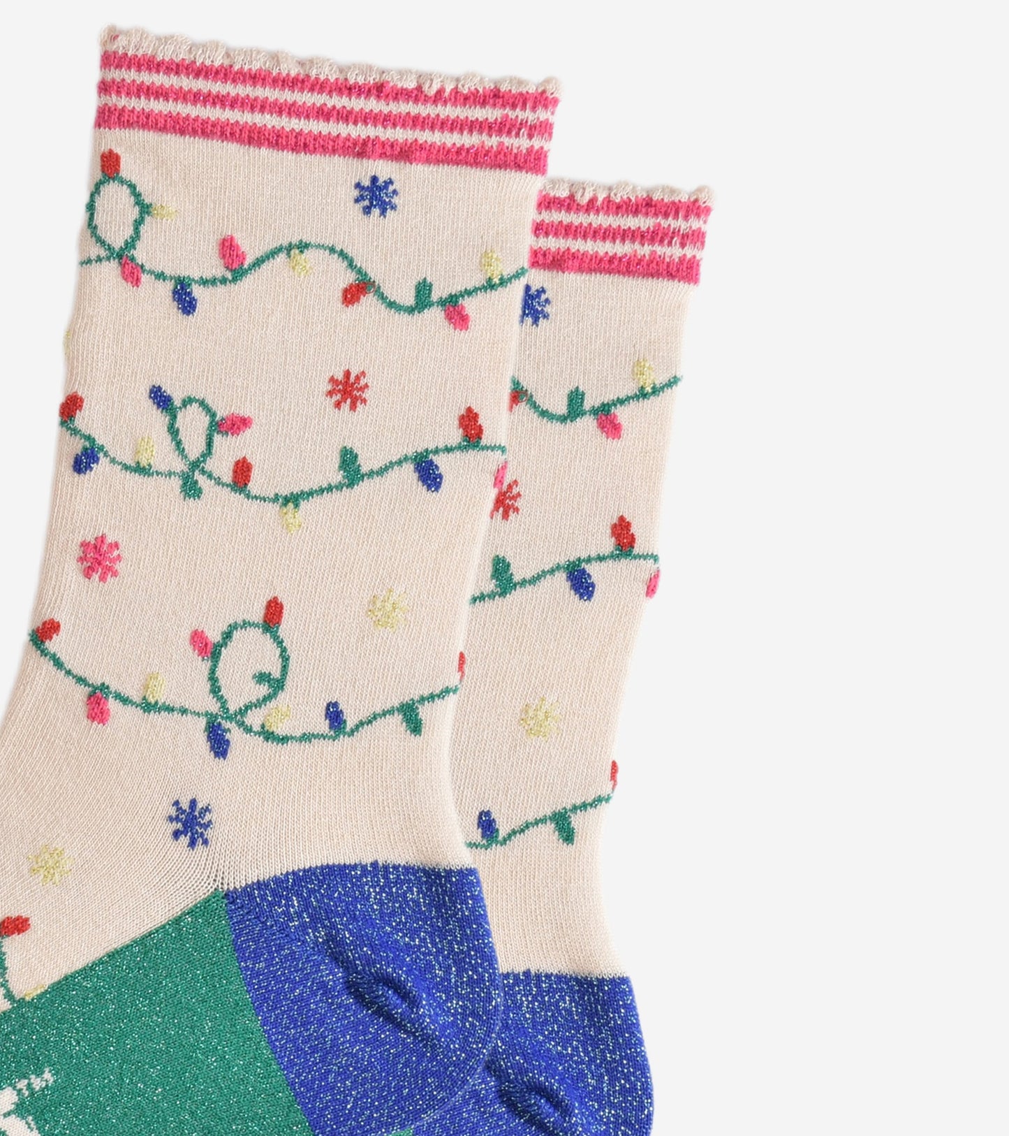 close up of the multicoloured party light design on the socks, the lights are attached to a green string and wrap around the socks, the socks have sparkly glitter accents