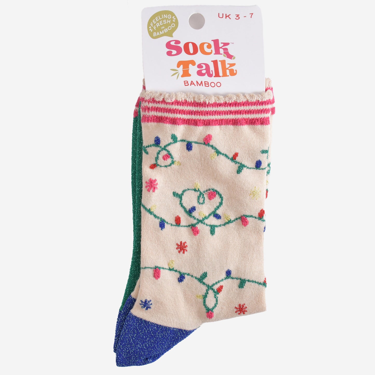 festive party lights bamboo socks in their sock talk packaging, these socks are a uk size 3-7