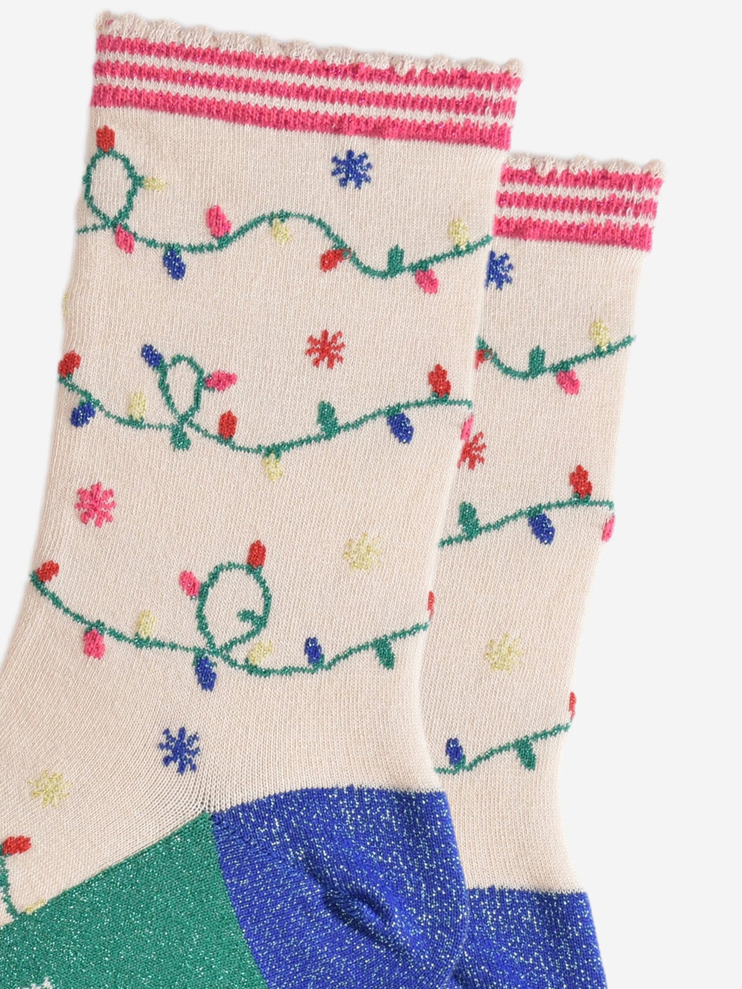 close up of the multicoloured party light design on the socks, the lights are attached to a green string and wrap around the socks, the socks have sparkly glitter accents