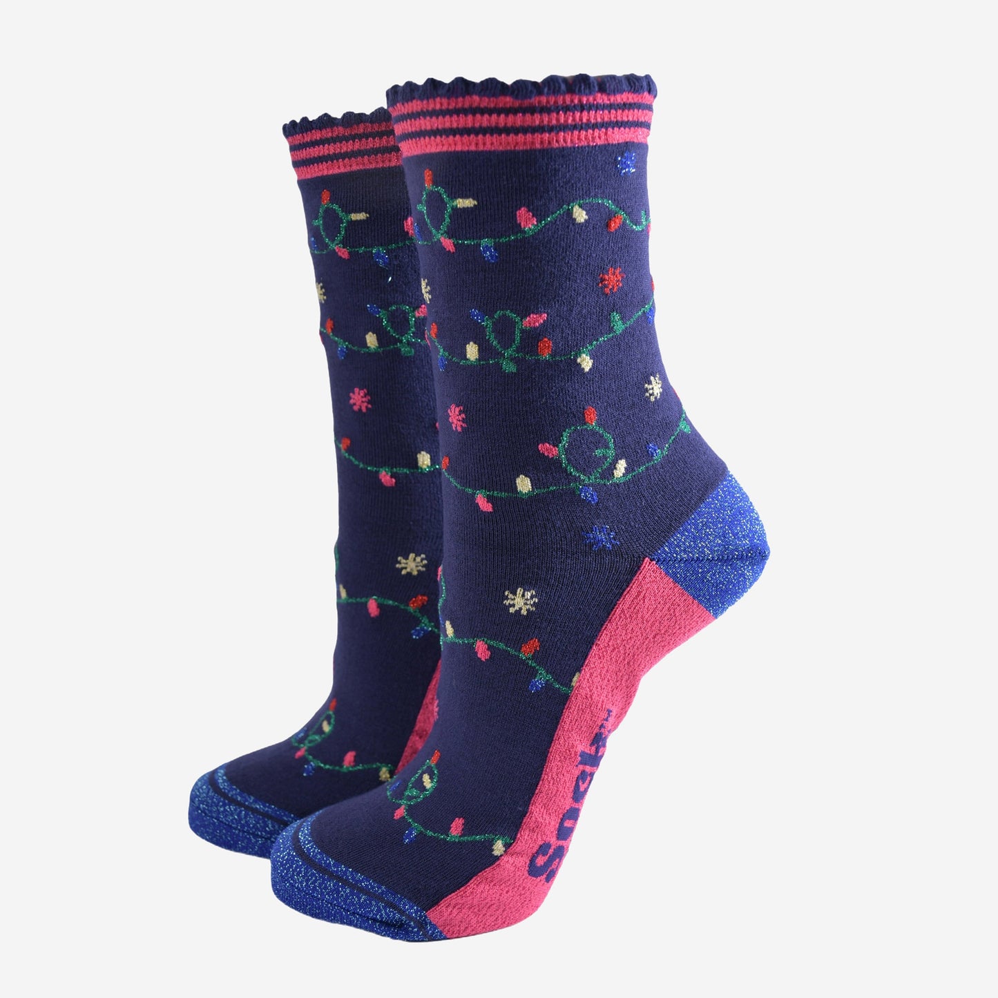 navy blue socks with  blue glitter heel and toe with an all over pattern of colouful party lights on a string