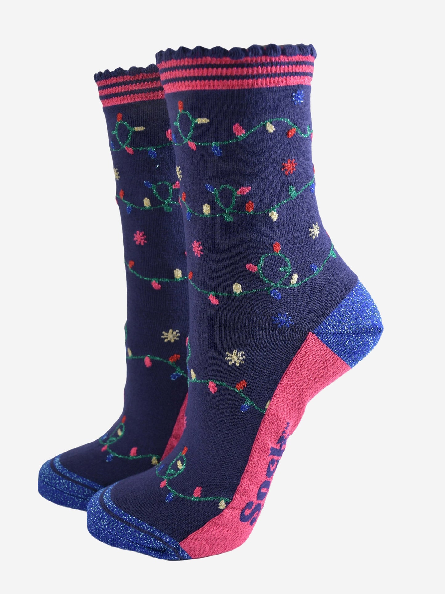 navy blue socks with  blue glitter heel and toe with an all over pattern of colouful party lights on a string