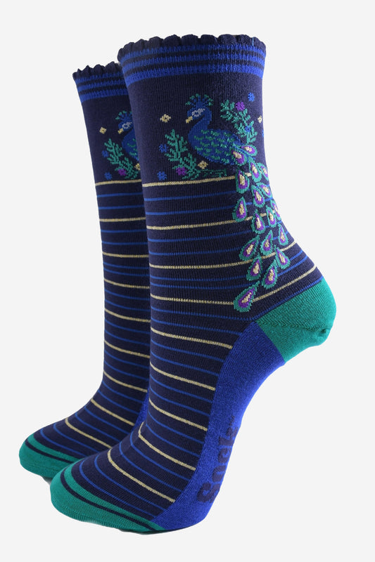 Women's Bamboo Socks - Navy Blue/Teal, Peacock Wreath