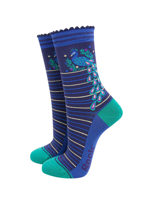 Peacock Floral Wreath Striped Bamboo Socks in Navy/Teal