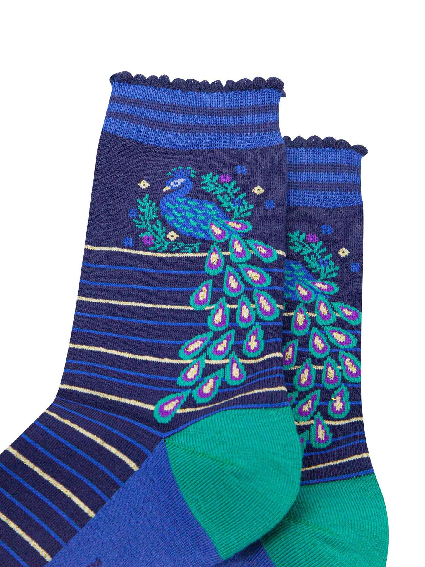 Peacock Floral Wreath Striped Bamboo Socks in Navy/Teal