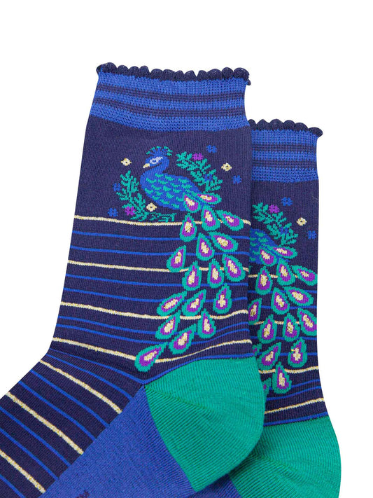 Peacock Floral Wreath Striped Bamboo Socks in Navy/Teal