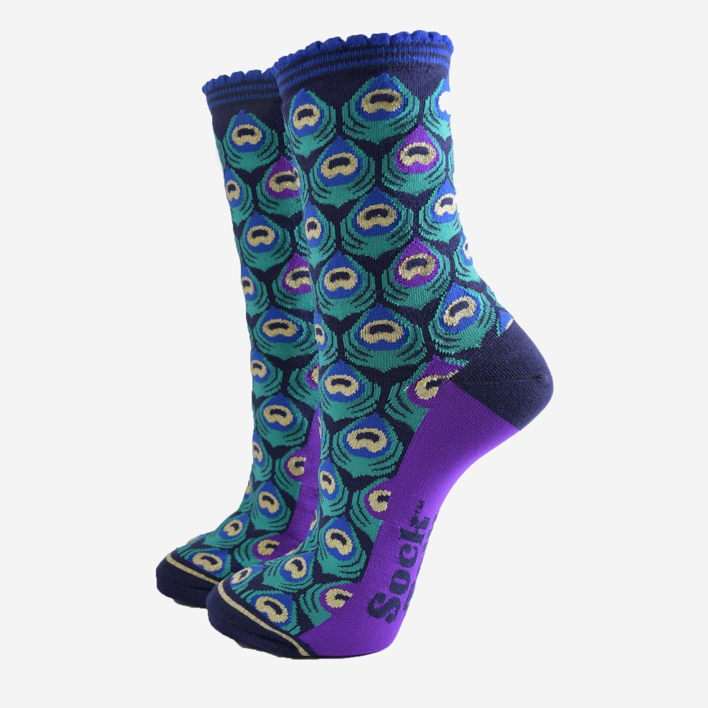 Women's Bamboo Socks - Navy Blue/Teal, Peacock Feather