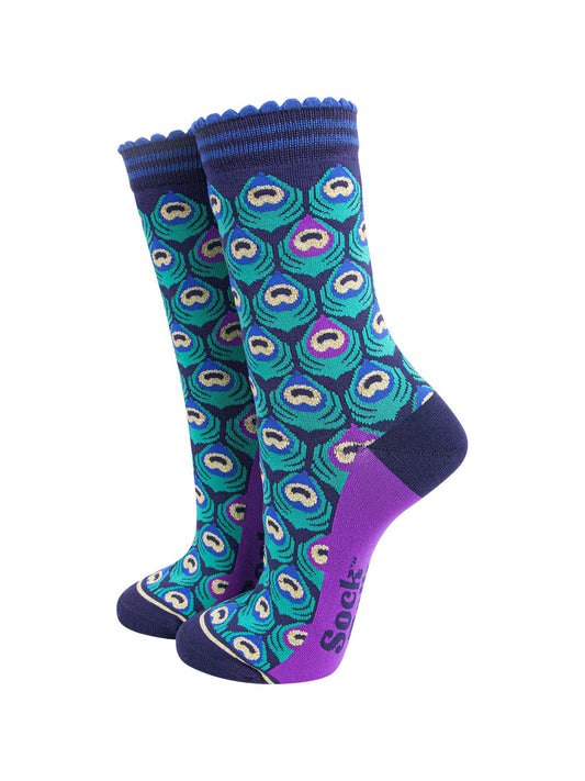 navy blue and turquoise bamboo socks designed to look like a peacock feather