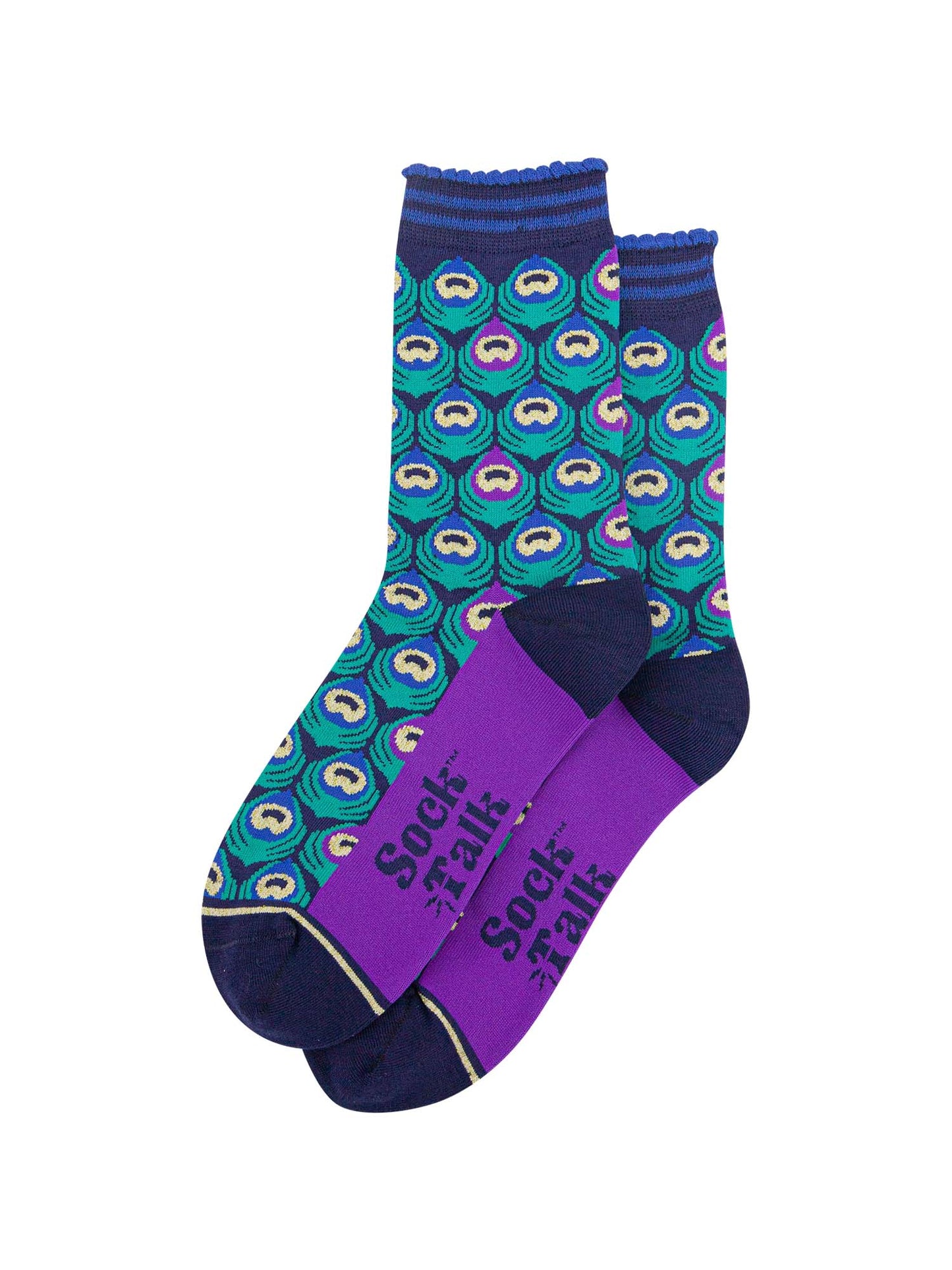 navy blue and turquoise bamboo socks designed to look like a peacock feather