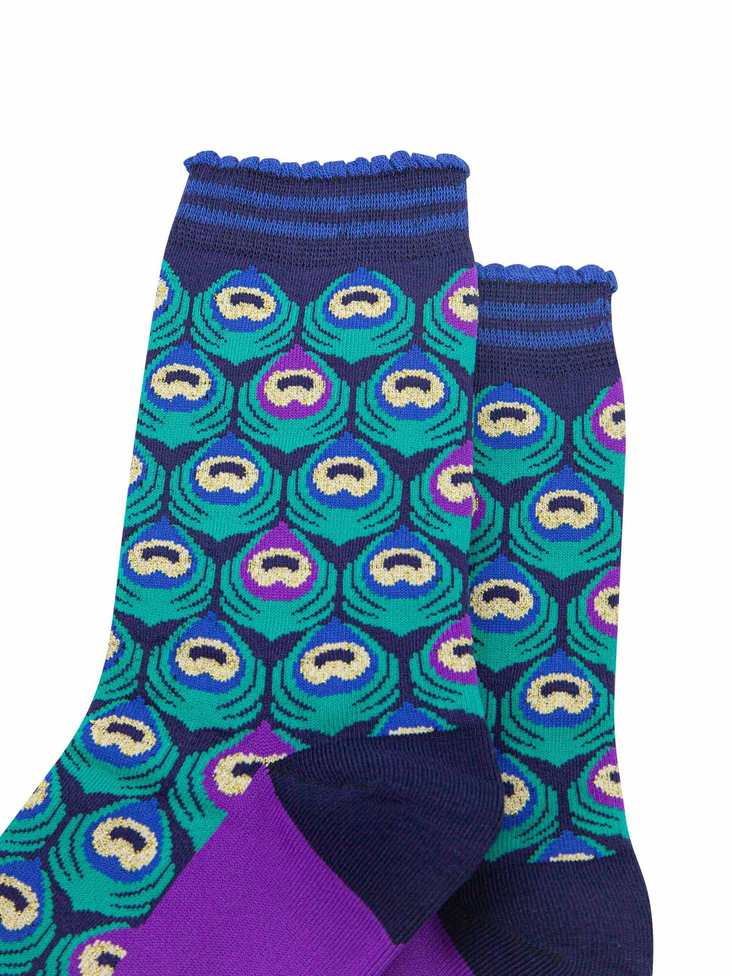 navy blue and turquoise bamboo socks designed to look like a peacock feather