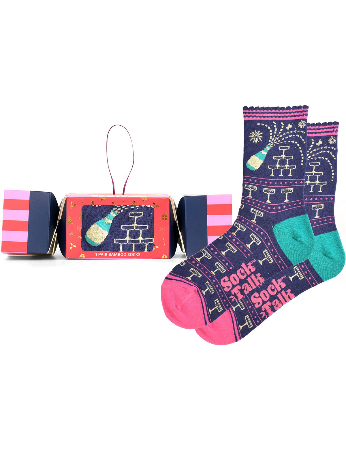 Prosecco-Popping-Bamboo-Crew-Socks-Christmas-Cracker-Gift-Box-in-NavyBlue/Pink