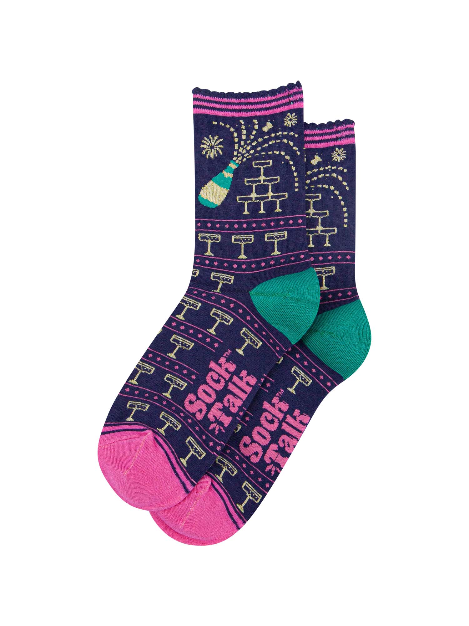 navy blue socks with a pattern of popping champagne bottles and vintage coupe glasses, the socks have a pink striped scalloped cuff 