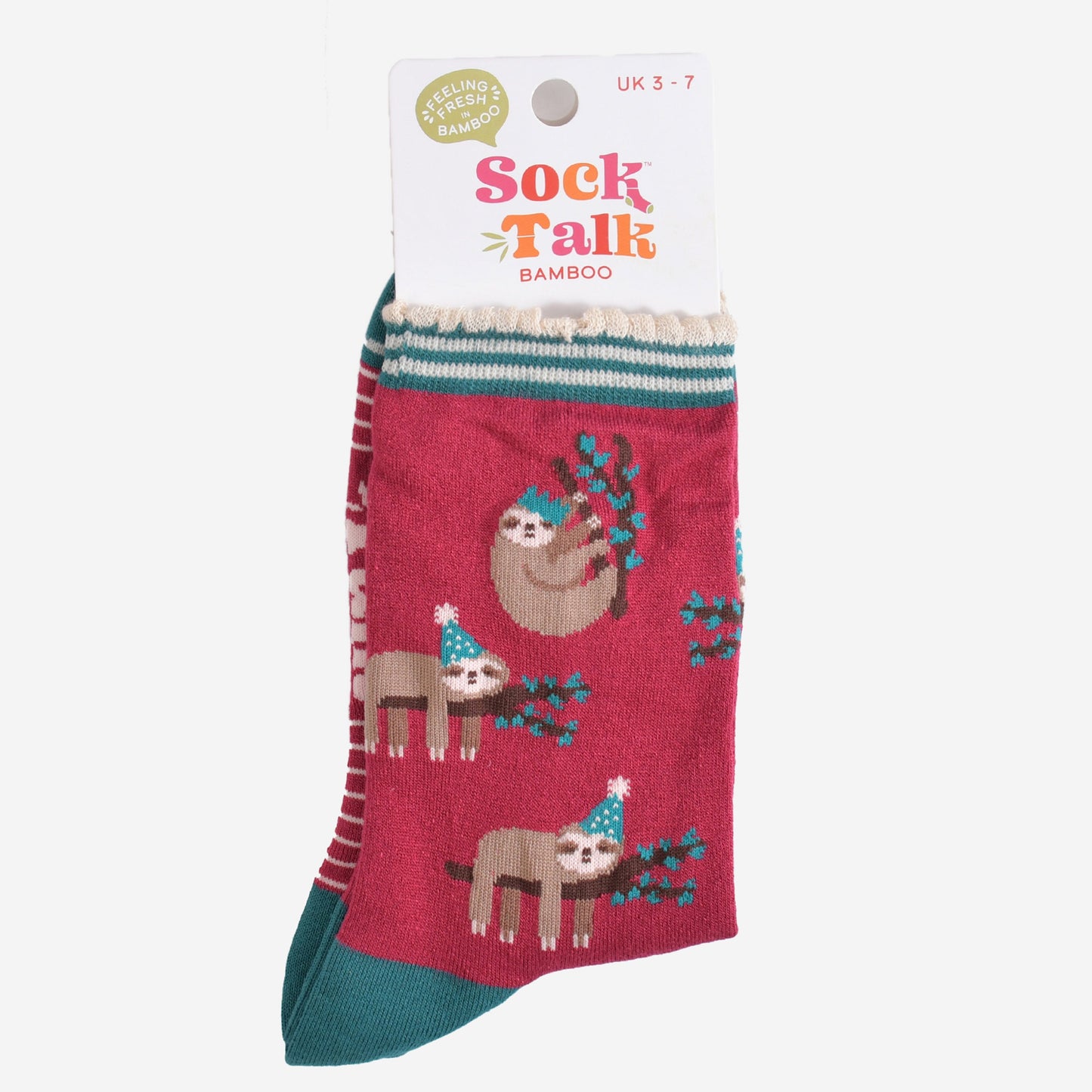 berry red christmas sloth bamboo socks in their sock talk packaging, these socks are a uk size 3-7