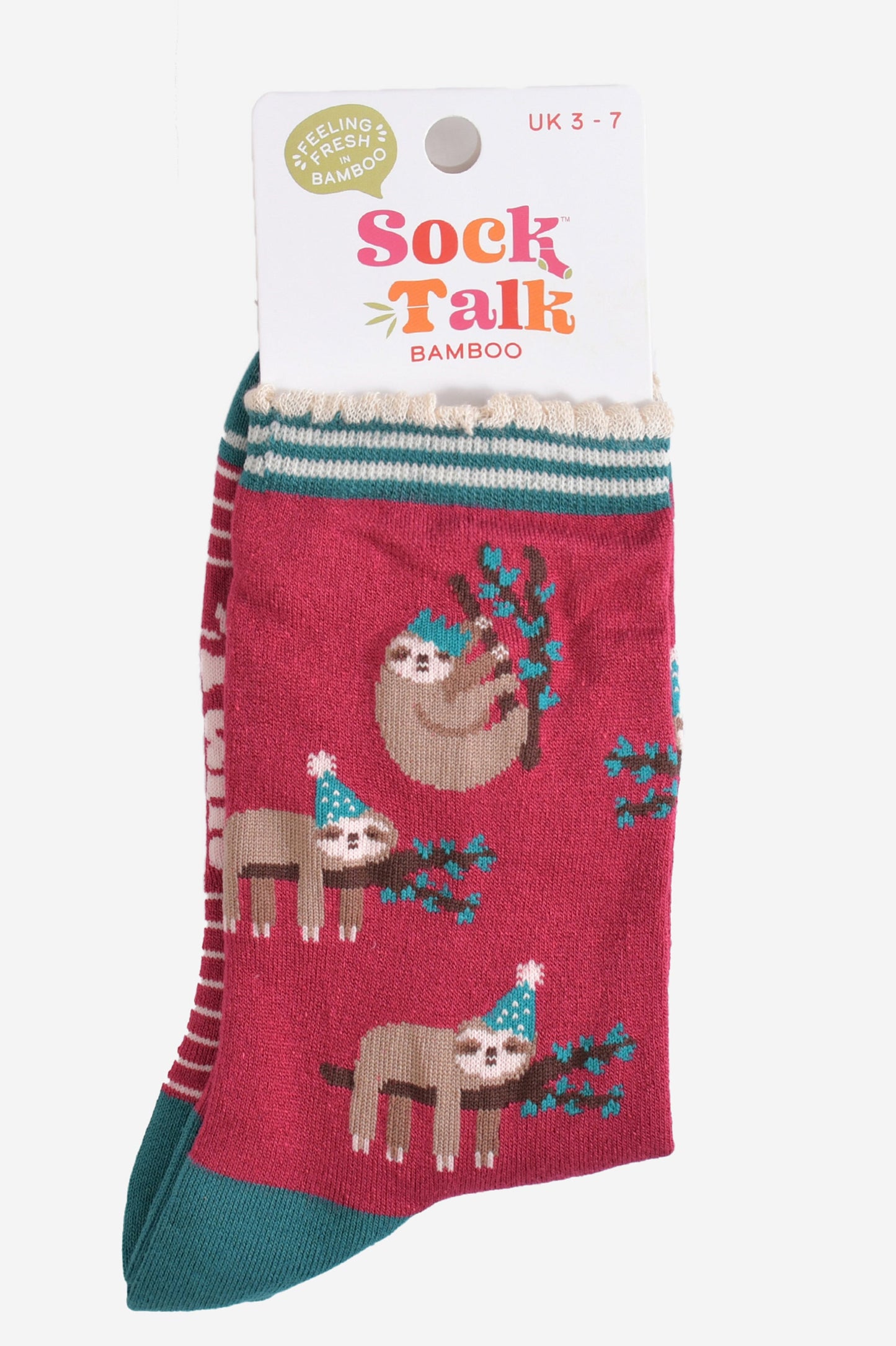 berry red christmas sloth bamboo socks in their sock talk packaging, these socks are a uk size 3-7