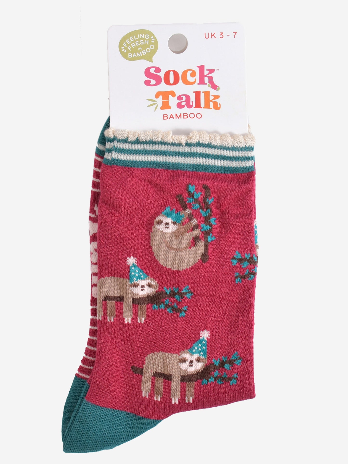 berry red christmas sloth bamboo socks in their sock talk packaging, these socks are a uk size 3-7