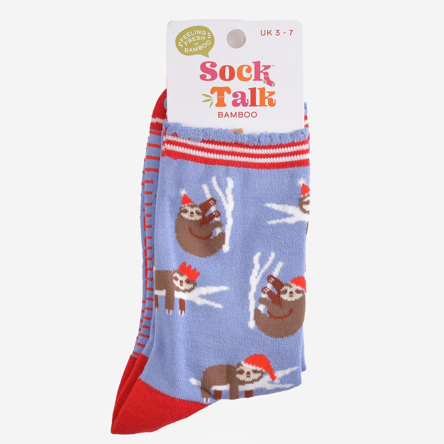 christmas sloth bamboo socks in their sock talk packaging, these socks are a uk size 3-7