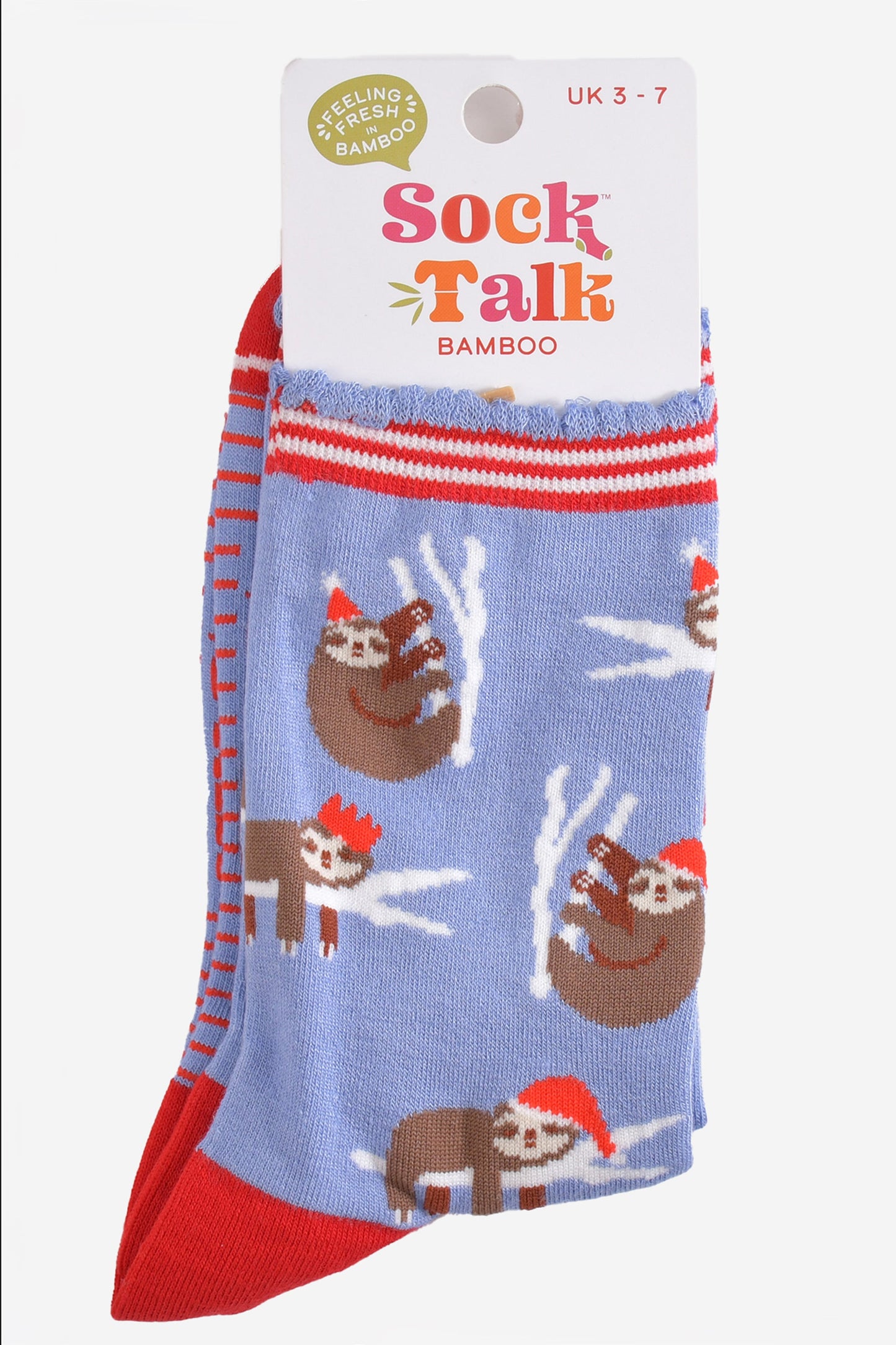 christmas sloth bamboo socks in their sock talk packaging, these socks are a uk size 3-7