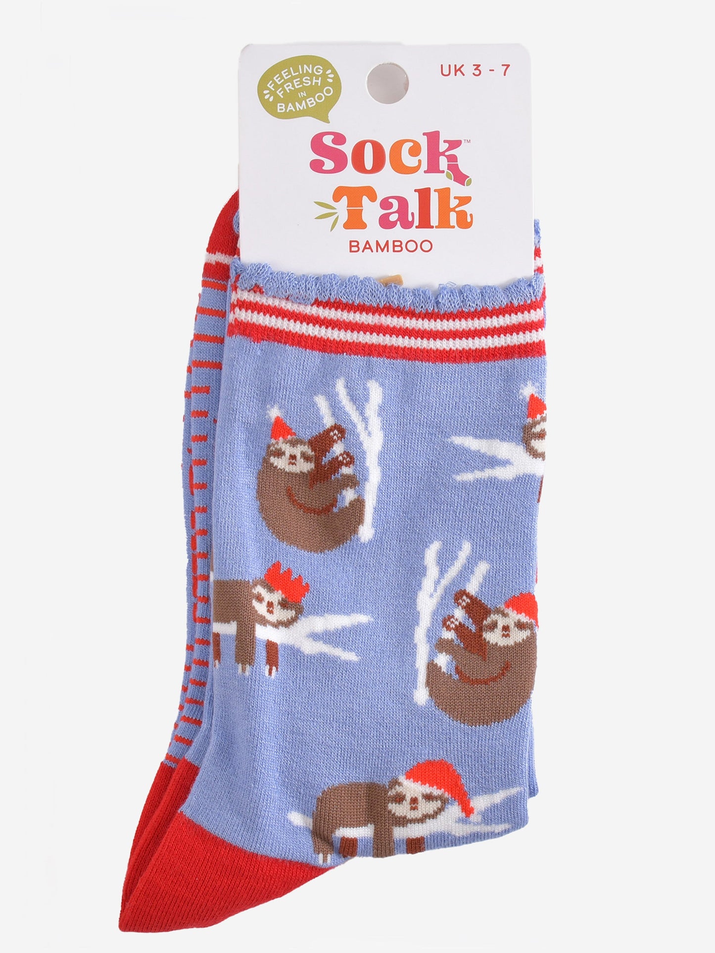 christmas sloth bamboo socks in their sock talk packaging, these socks are a uk size 3-7