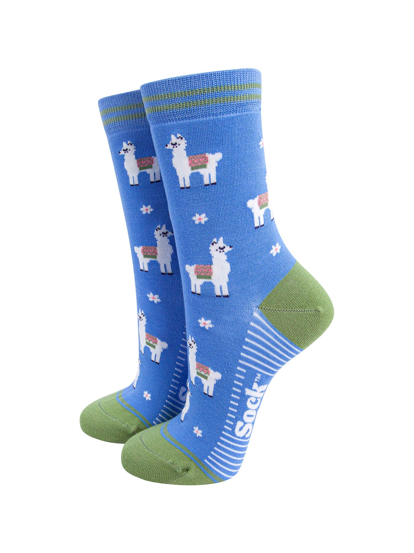 Llama-Floral-Bamboo-Socks-in-Blue-On-Mannequin
