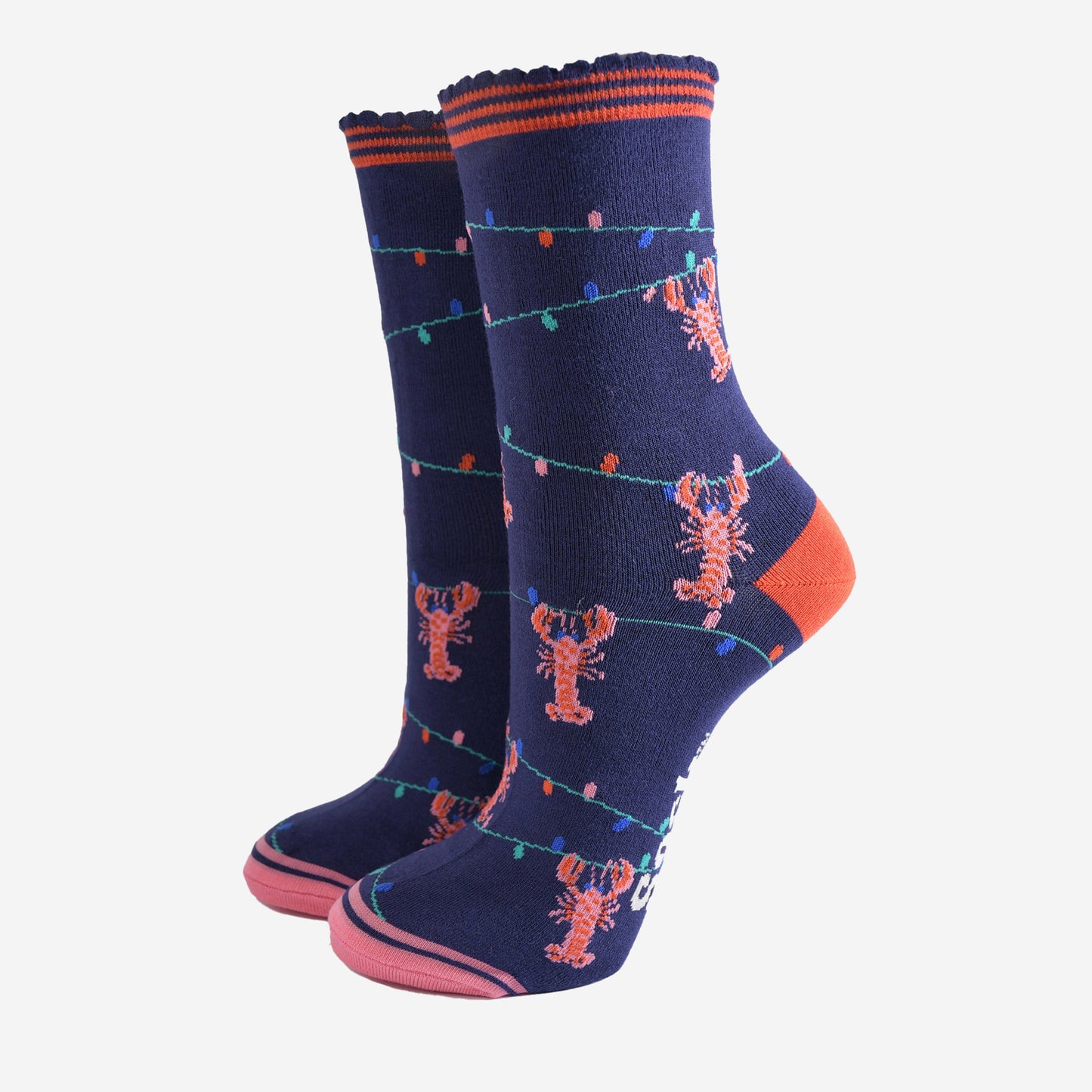 navy blue bamboo socks with a pattern of colourful party lights with pink and red lobsters playfully dangling from them