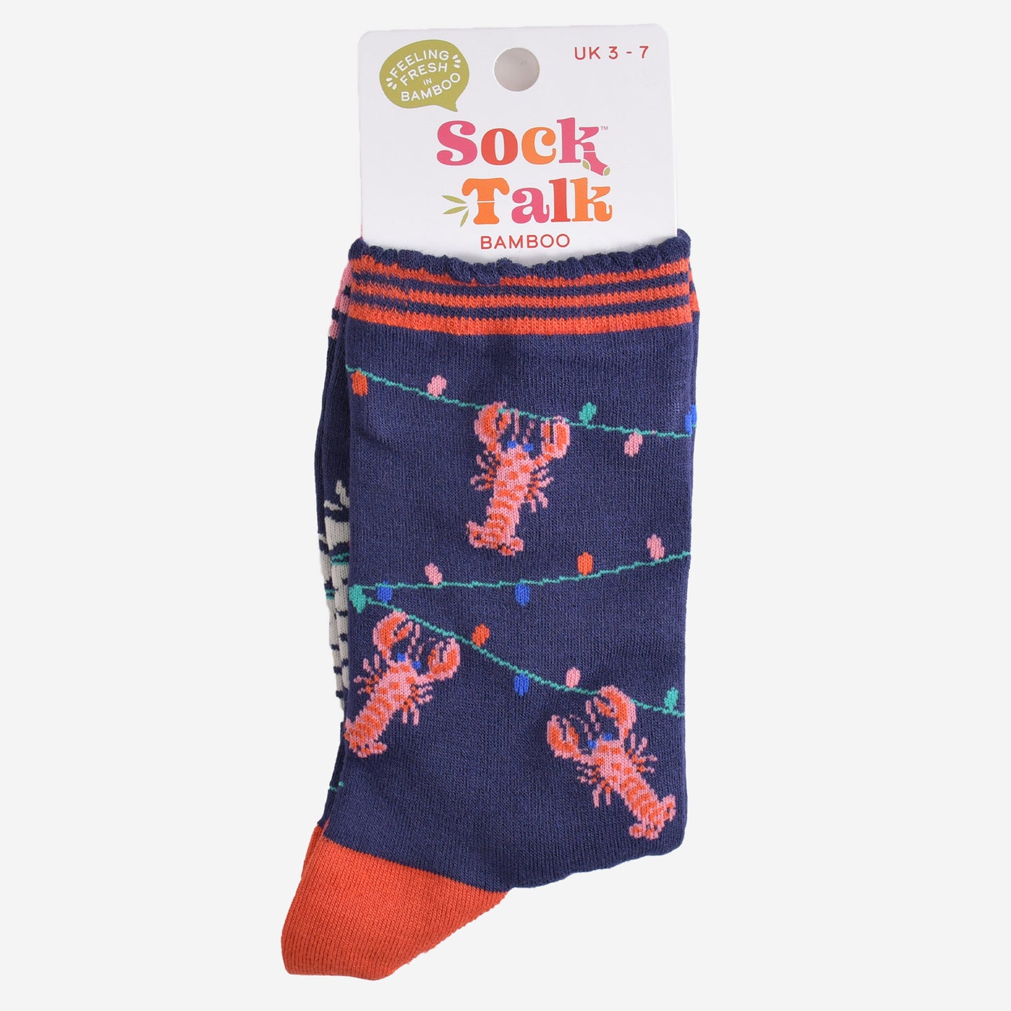 lobster party light bamboo socks in their sock talk packaging, these socks are a uk size 3-7