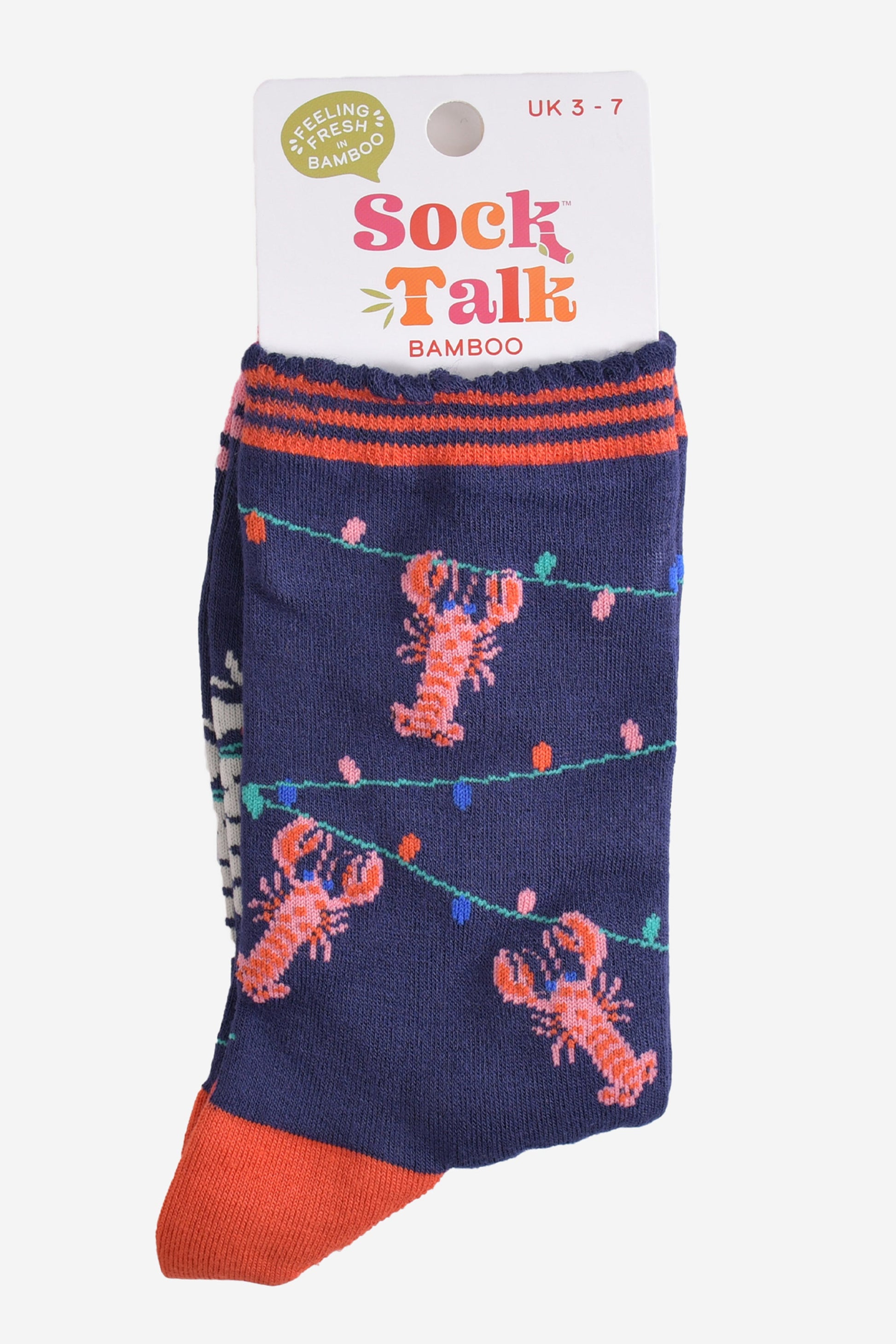 lobster party light bamboo socks in their sock talk packaging, these socks are a uk size 3-7