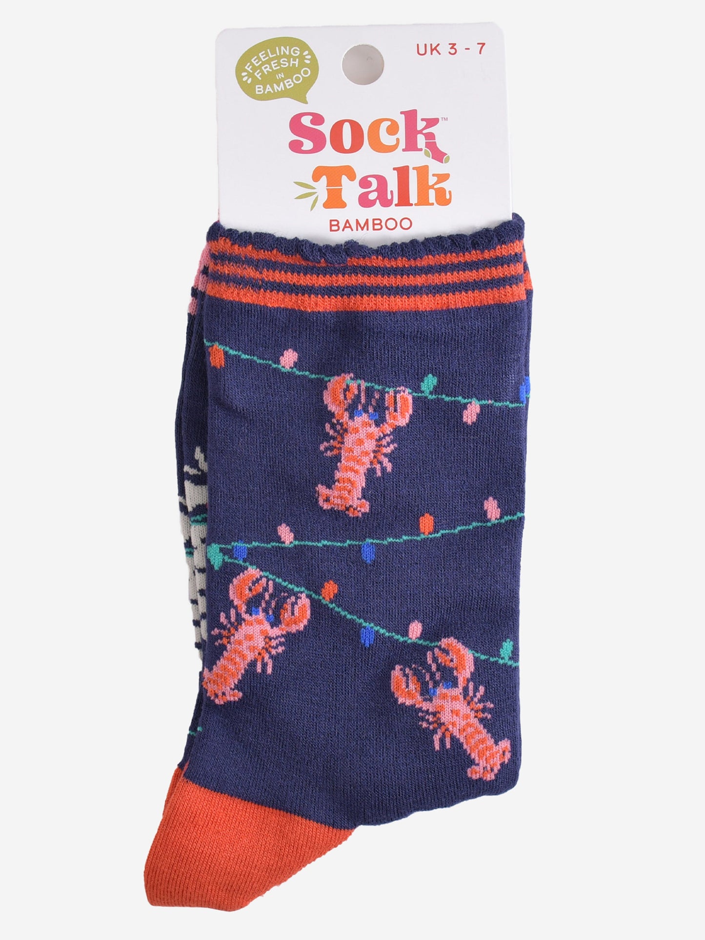 lobster party light bamboo socks in their sock talk packaging, these socks are a uk size 3-7